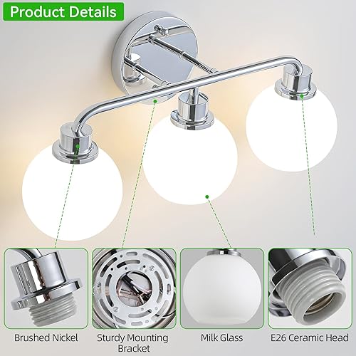 Miniatura 5 de Lámpara cromada para tocador de baño, lámparas sobre el espejo, 3 lámparas de pared, luces plateadas con globos de leche, pantallas de vidrio,