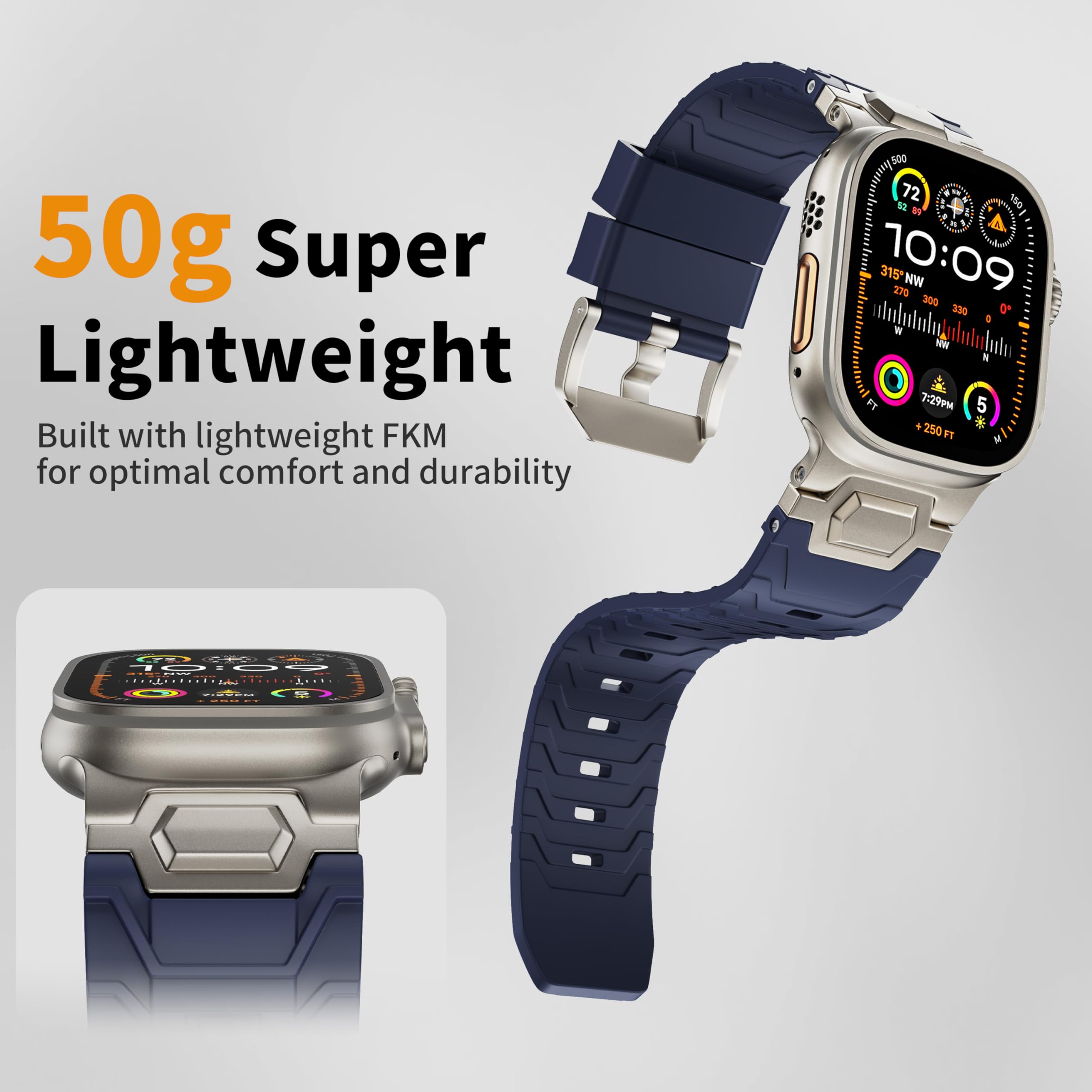 LULULOOK Cinturino in Elastomero Fluorescente per Apple Watch, [Connettori in Titanio] Morbido e Piacevole, Traspirante, Prezioso, Cinturino per Apple Watch 44 mm, Ultra, Serie 9 (49mm 45mm 44mm 42mm)