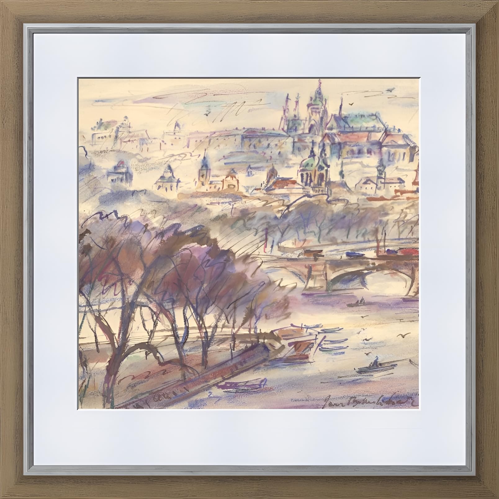 Jan B. Melichar PRAGA AQUARELL plakat | Wyspa Strzelecka i Hradczin | ręcznie robione farby akwarelowe Pragi, wyjątkowy obraz, oryginalne dzieło