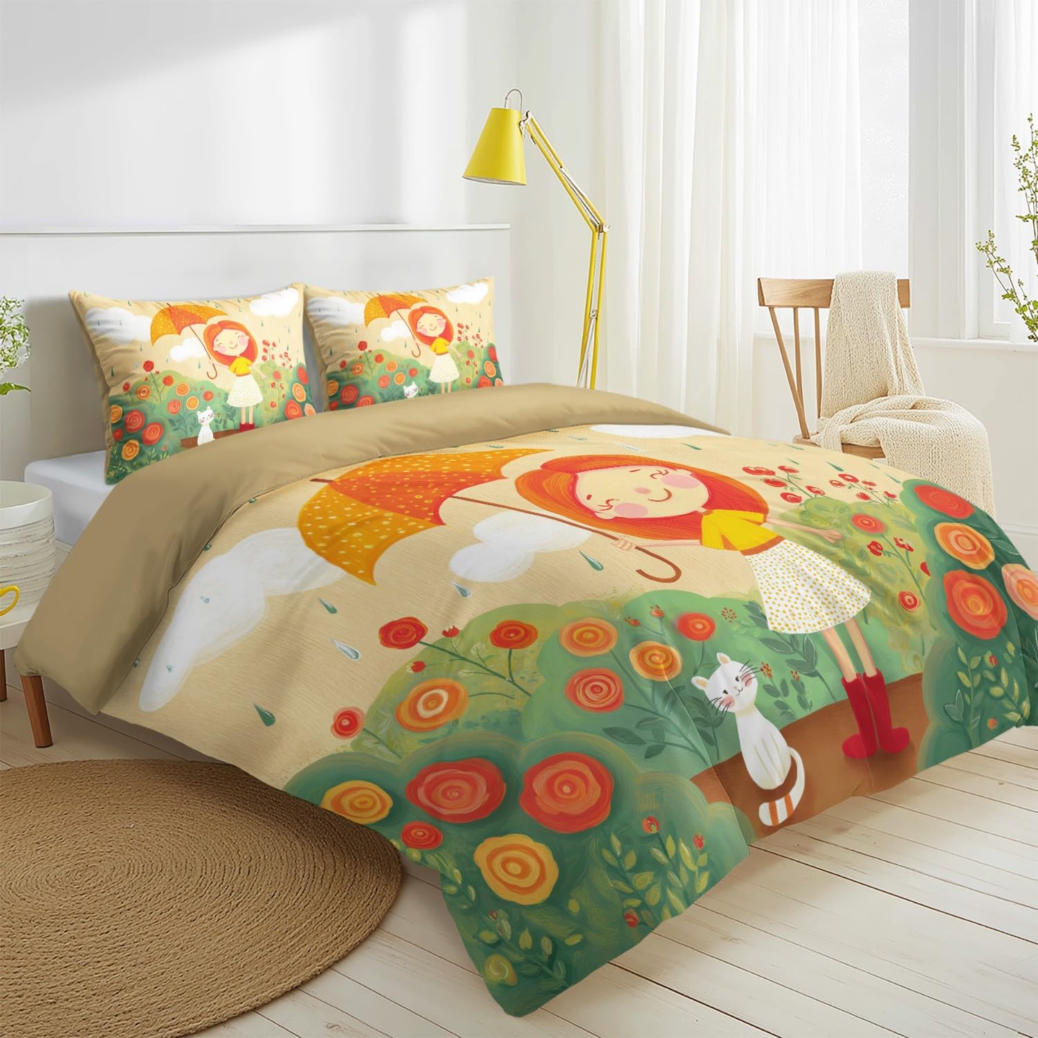 Biancheria da letto 180 x 200 cm, con illustrazione a libro illustrativo giocoso per bambini, biancheria da letto in microfibra con chiusura lampo, per adolescenti, colore beige