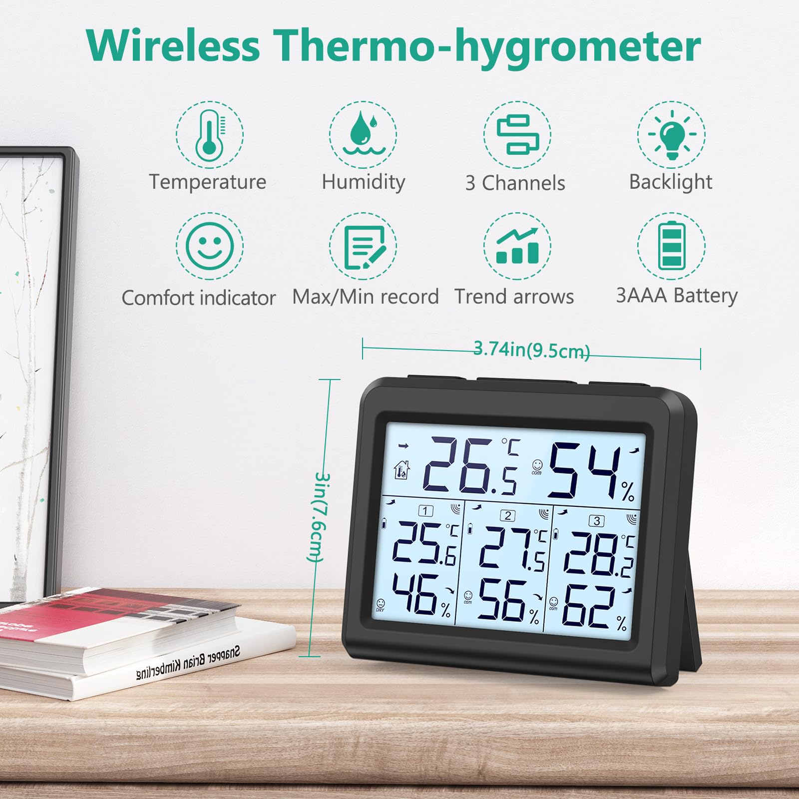 ORIA Termometro Igrometro Digitale con 3 Sensori Remoti, Misuratore di Temperatura e umidità per Interno Esterno, Stazione Meteo Wireless con Retroilluminazione, Icona Comfort - Nero