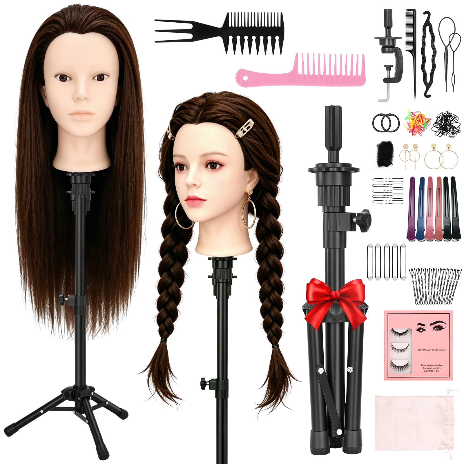 Yofuly Cabeza Maniqui Peluqueria con Soporte, 24in/61cm Cabeza de Práctica con 80% Cabello Humano Real, Maquillable Maniquí Muñeca con Abrazadera de Mesa +Accesorios de Peinado DIY(Marrón)