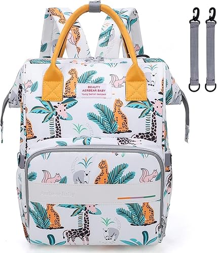 Safari Print Diaper Backpack, 25L Waterproof Nylon, White with Orange Straps, Insulated Bottle Pockets, Stroller Attachments, Laptop Compartment, 37 x 26 x 17 cm