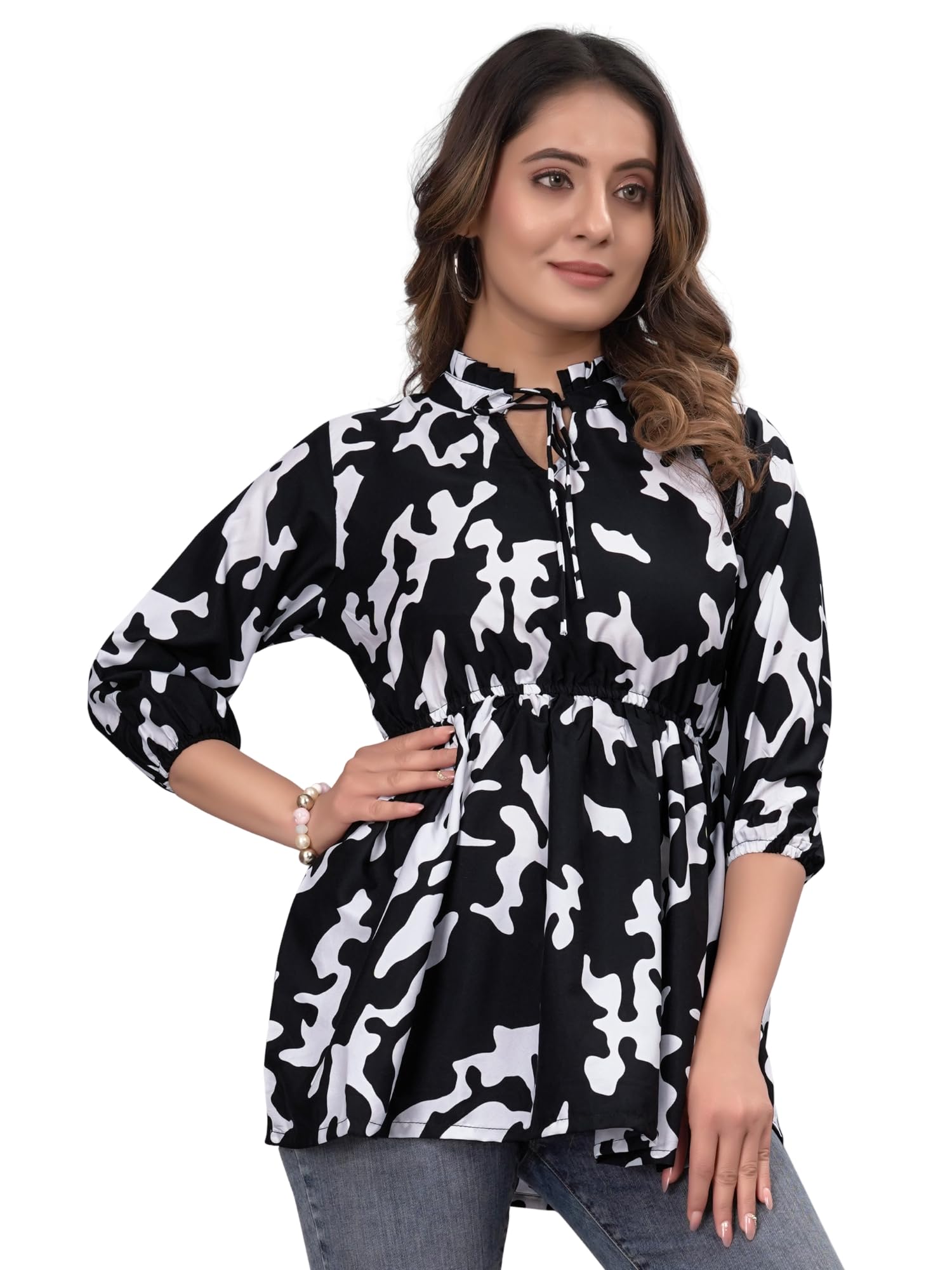 Women Premium Crepe Floral Solid Tunic Tops, Ruffle Collar with Tie-Up Neck, Casual-picture-42