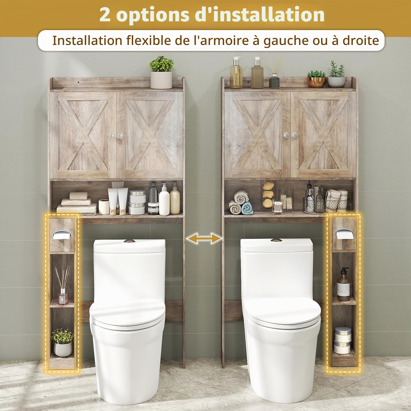 LIFEZEAL Armoire de Salle de Bain au-Dessus des Toilettes, Meuble de Rangement Gain de Place avec Barre Réglable et Porte-Papier Toilette Intégré, Étagère WC pour Salle de Bain (Brun Clair)