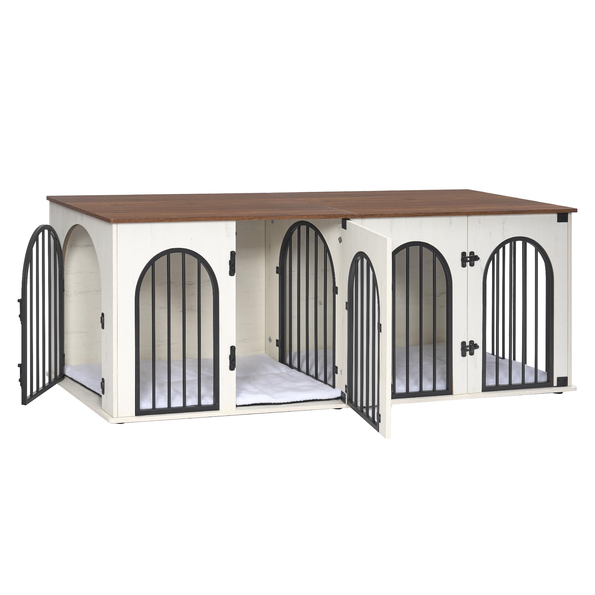 Hzuaneri Jaula para Perros Doble de Madera, Mueble Jaula con Divisor y Cojines para 2 Perros Medianos y Grandes, Mesa para Perros Estilo Mueble TV 180cm, Jaula Decorativa, Blanco y Marrón DFC91914B