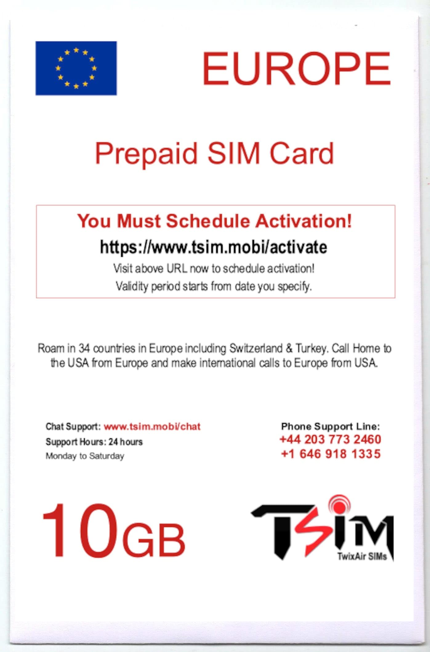 SIM Card for Europe Travel 28Days Holiday with CallHome & Hotspot Tethering. Unlimited Local Calls + 50 Minutes to USA. Auto-Activating. 5G Enabled. Roam in 34 Countries incl Switzerland, Turkey