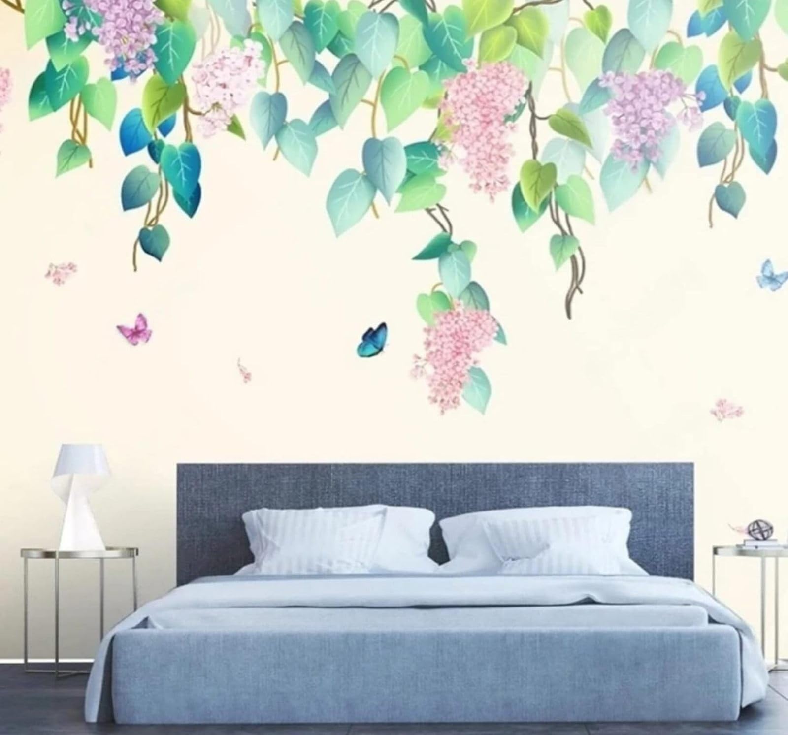 Wallpaper-3D-Xlm 250Cm×170Cm(B×H) Fresh Hand Drawn Green Leaves Flowers And Butterflies 3D Wallpaper Easy Install Feature Office Living Room Sofa Bedroom Tv Background Wall Decoration-250Cm×170Cm