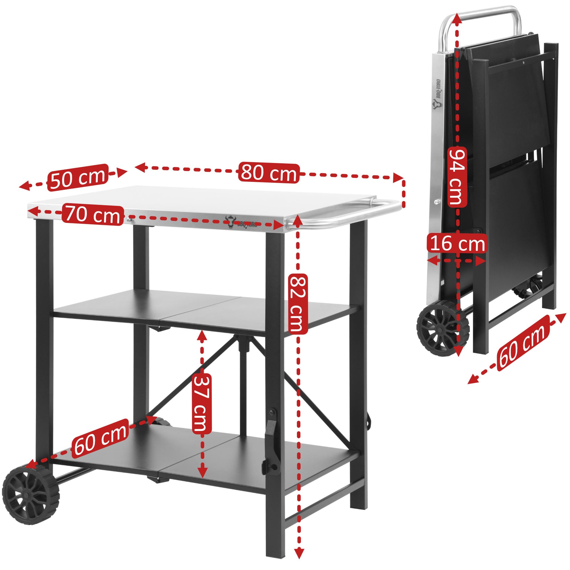 BBQ-Toro Carro de barbacoa plegable 60 x 80 x 82 cm | plata/negro | carro de servir, carrito de mesa, mesa de barbacoa para barbacoa de gas, mesa auxiliar, mesa auxiliar, mesa de barbacoa de acero