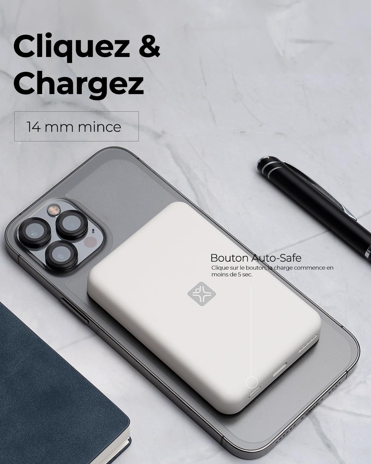 XtremeMac Magsafe Powerbank 5000mAh, Batterie Externe magnétique pour iPhone 15/14/13/12 Série, USB-C et Powerbank sans Fil à Charge Rapide, Mini Power Bank PD 15W, Puissante, Blanc