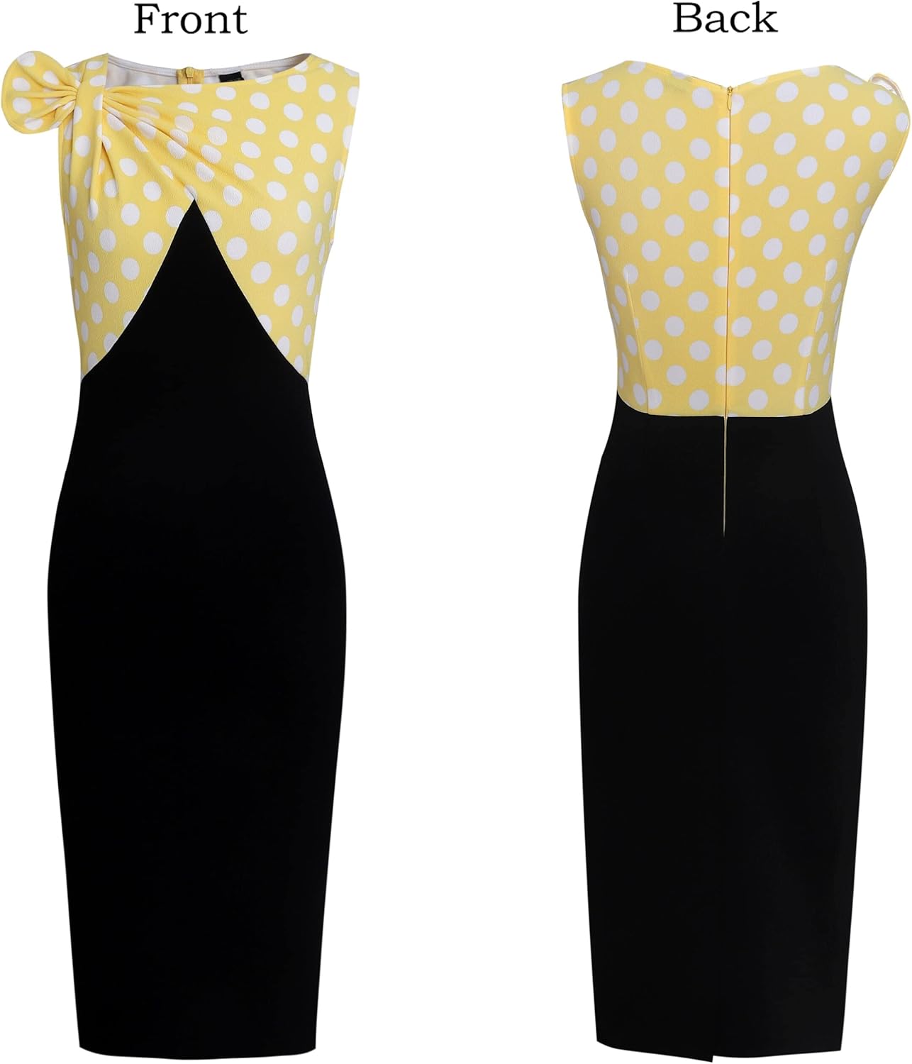 VFSHOW Womens Pleated Asymmetric Bow Neck Work Cocktail Party Sheath Dress Large Yellow White Big Dot and Black