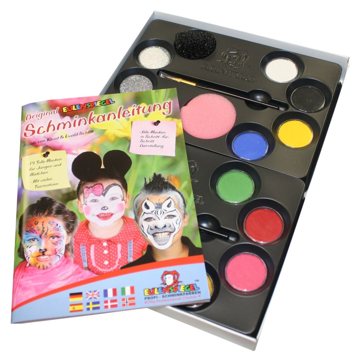 Eulenspiegel 212011 - Paleta de maquillaje profesional, 12 colores aqua profesionales, 2 esponjas, 2 brochas, 3 purpurinas, 1 esponja para barba incipiente, 1 guía de maquillaje