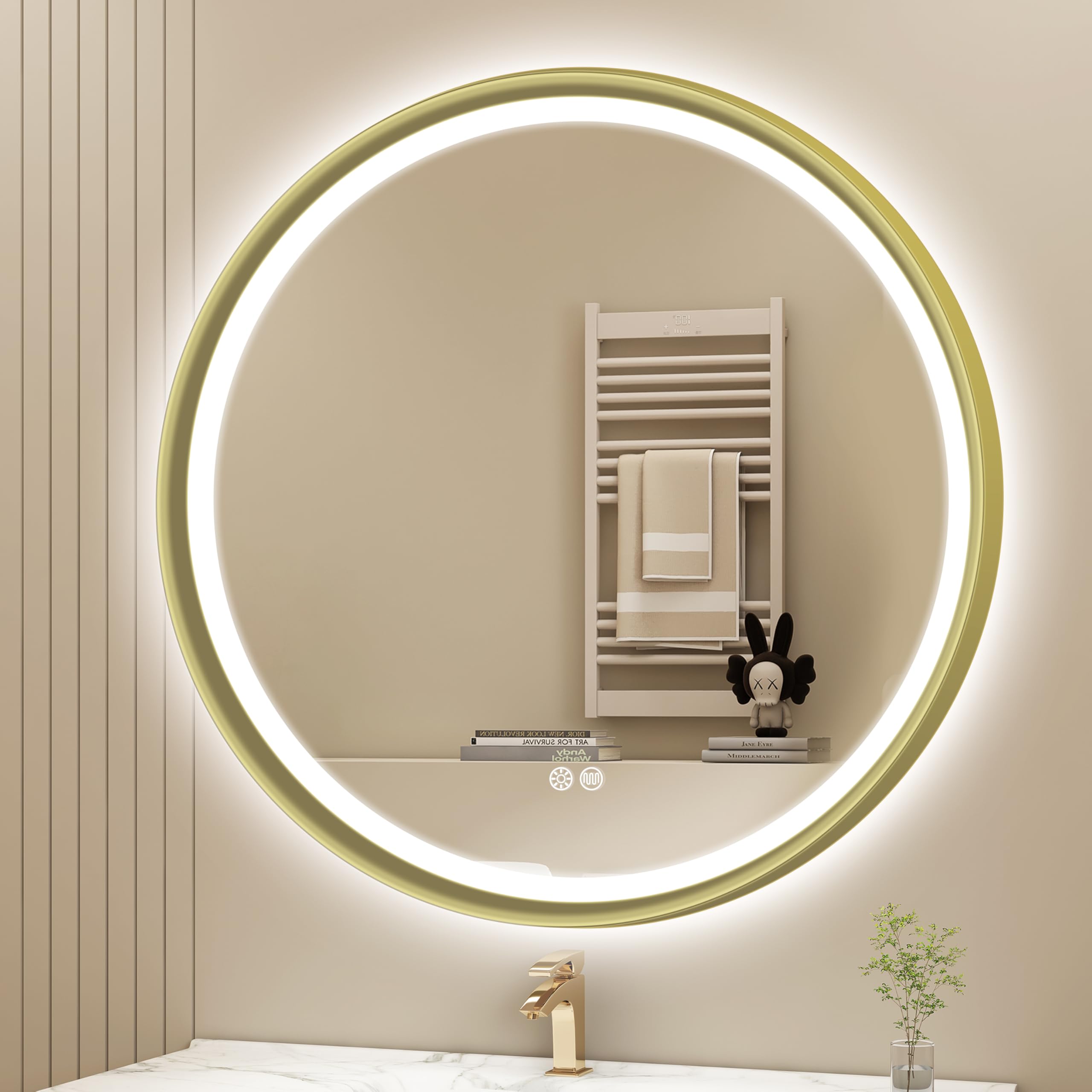 Espejo Baño con Luz Redondo 80 cm, Espejos de Baño con Led con Marco de Aluminio, Anti-Vaho, 3000-6500K, Vidrio Templado HD, IP44 Espejo Led Baño Función de Memoria, Dorado