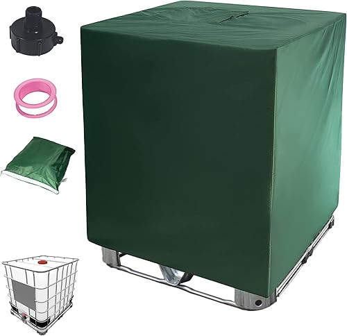 IBC Tote Cover - Capucha de tanque verde duradera para barriles de 275 galones - Material 420D a prueba de lluvia nieve y agua - Conector de tanque