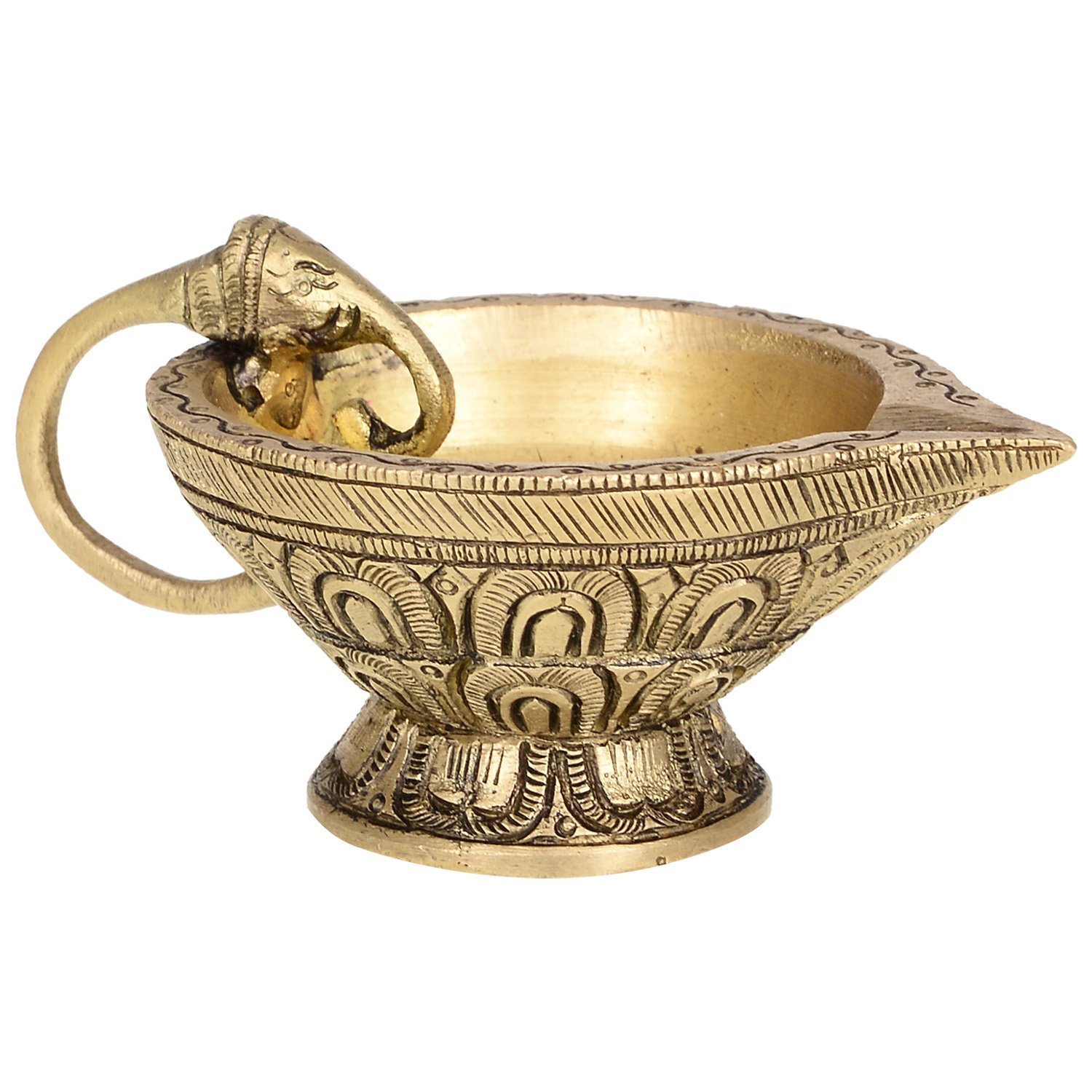 Purpledip Unique Brass Diya Oil Lamp: Unique Elephant Handle, Memorable Decor Gift (10221)