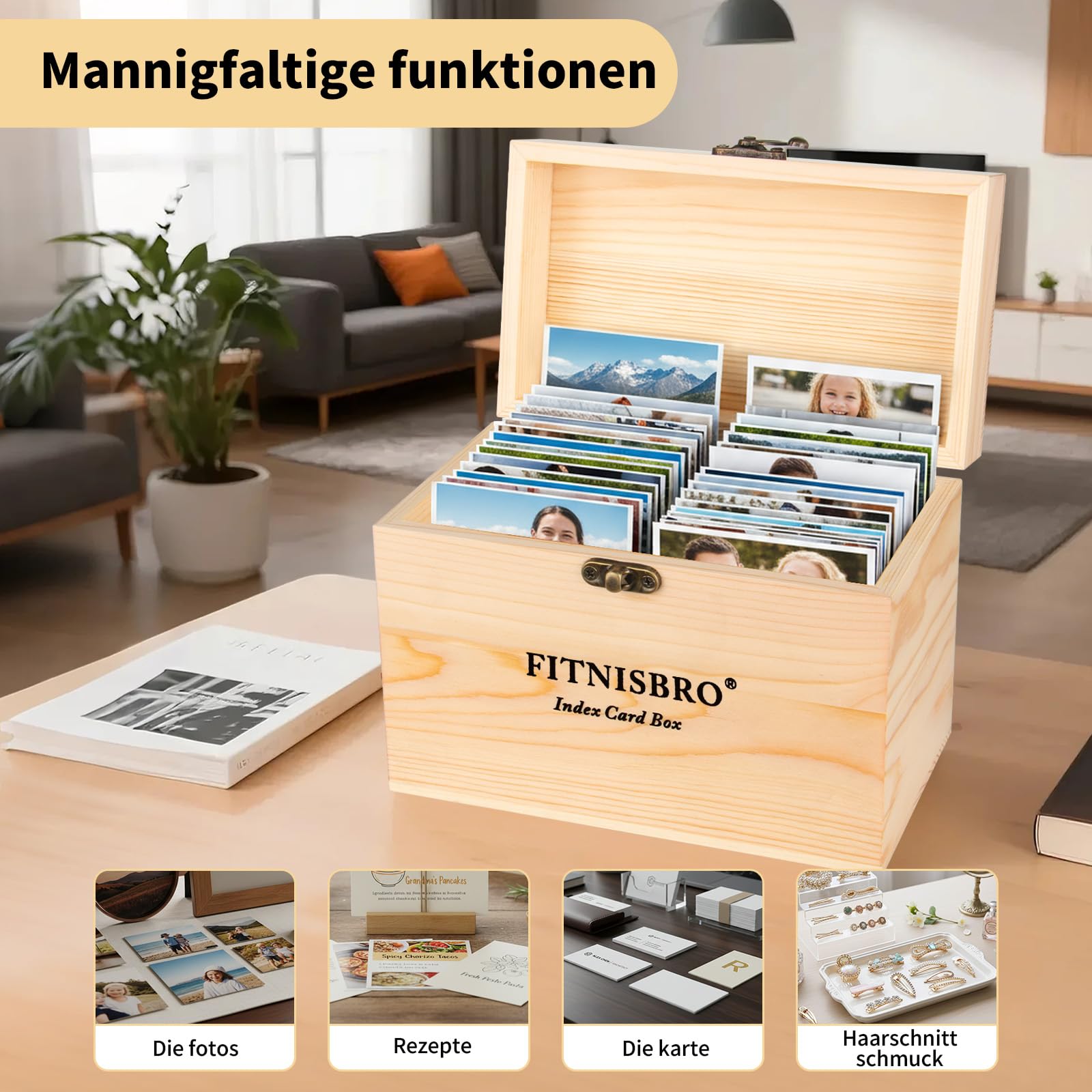 Karteikarten Box A6, 17.5 x 10 x 13cm Pinienholz KarteikartenBox, 300 linierte Notizblätter im Lieferumfang enthalten, 12 Register 6 Ringen 2 Aufkleber,für Vokabeln, Lernnotizen, Rezepte