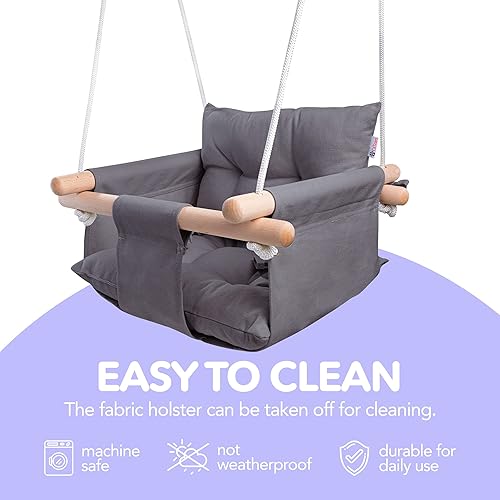 Miniatura 5 de CaTeam - Columpio de lona para bebé, silla colgante de madera con cinturón de seguridad, columpio duradera para bebé, columpio para exteriores e