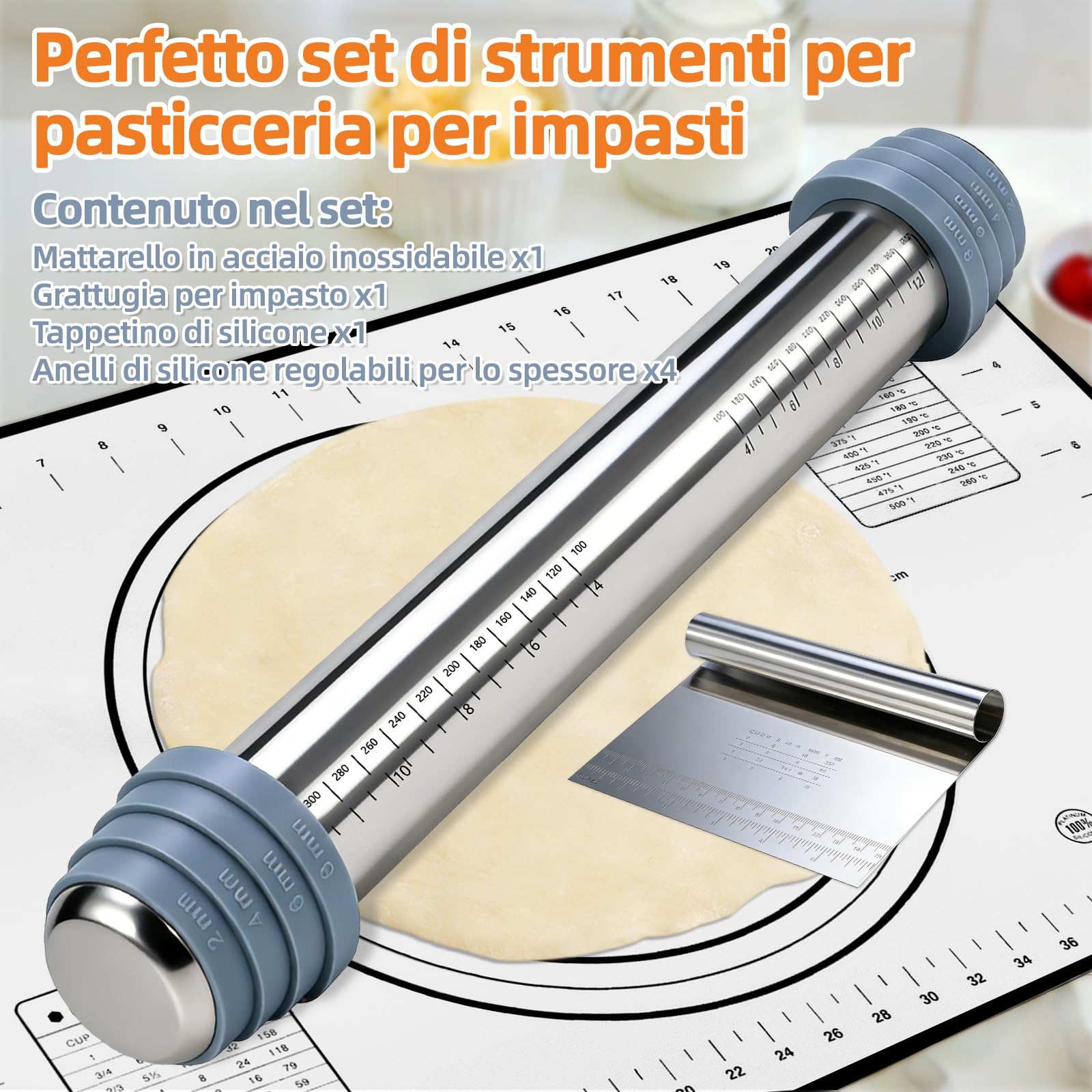 Mattarello con Spessori Anelli Rimovibili in 4 Misure - Mattarello Acciaio Inox, Antiaderente 42 cm con Spianatoia per Impastare e Tarocco, Tutti con Indicatori di Misura - Per Pizza, Pasta, Torte