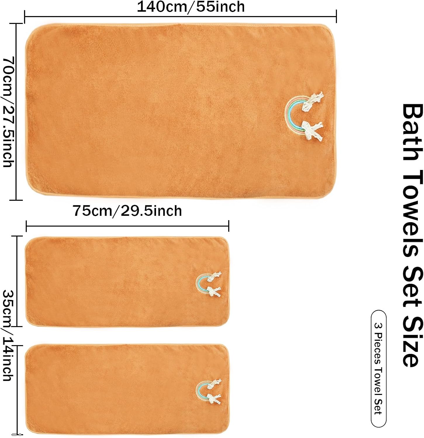ABREEZE Soft Coral Fleece Bath Towel Set of Three, Rainbow Orange Super Absorbent Quick Dry Towels with Two Hand Towels for Bath Gym Travel