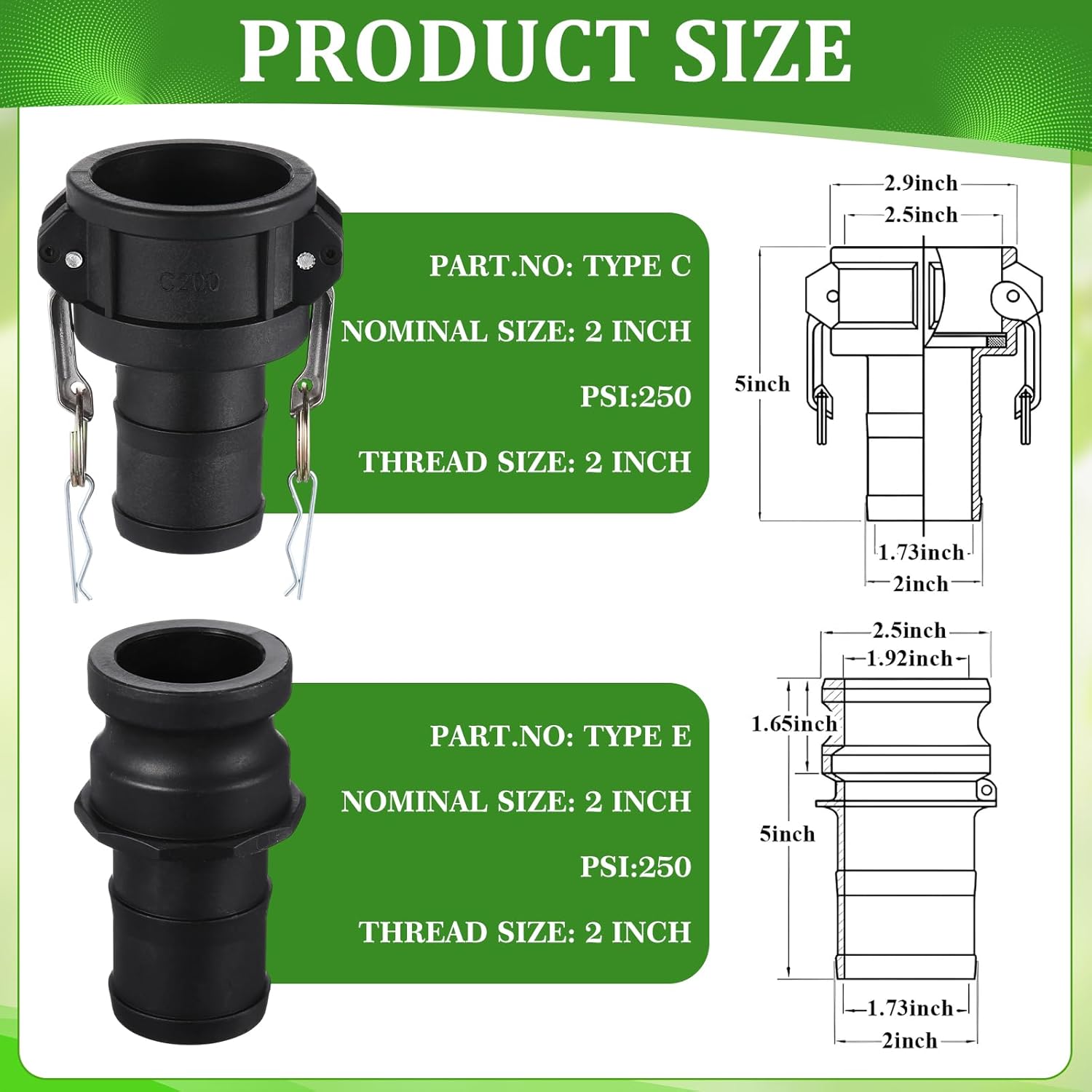 2 Set Camlock Fittings Type C&E 2 Inch Polypropylene Cam and Groove Hose Fitting Kit Include 2" Female Coupling Cam Lock, 2" Male Adapter Camlock, Gasket, Hose Clamps for Industrial