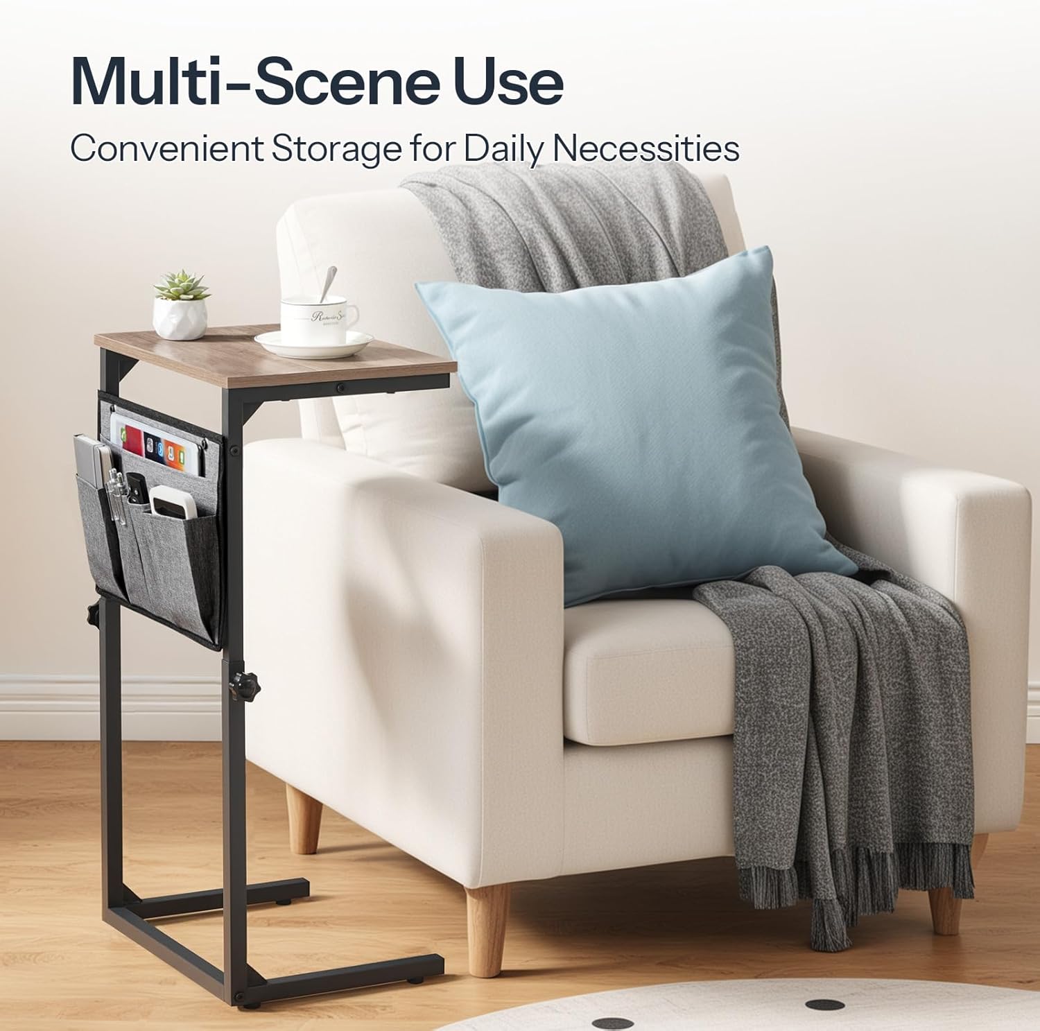 HOOBRO C Shaped End Table, Adjustable Height Side Table for Sofa, Couch Side Table for Small Spaces, Slide Under Sofa TV Tray Table for Living Room, Bedroom, Greige and Black BG77SF01