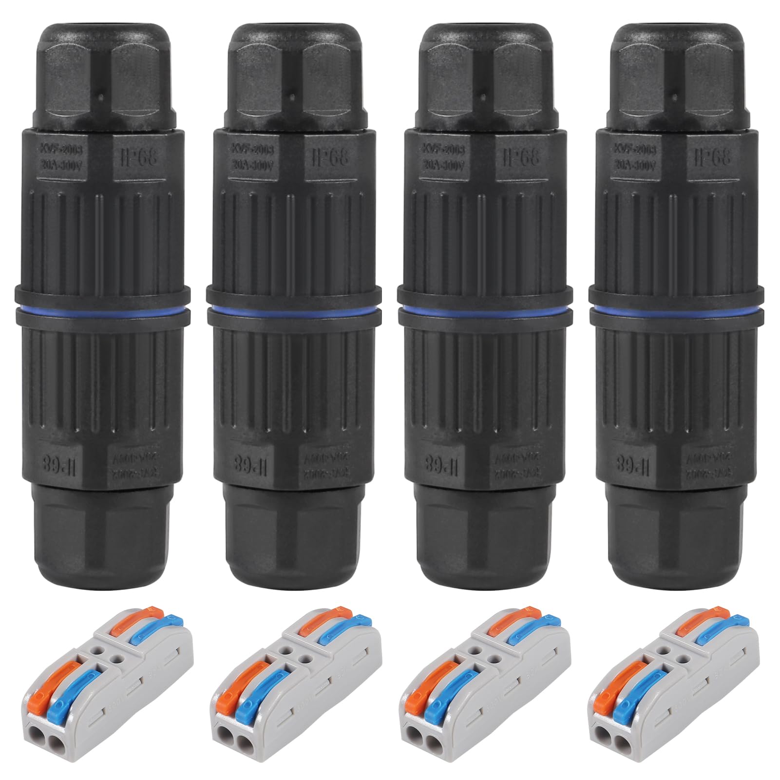 4pcs IP68 Outdoor Waterproof Junction Box, 2 Way Electrical Cable Connector External Sleeve Coupler for AWG 28-12 Wire, Quick Screwless Installation