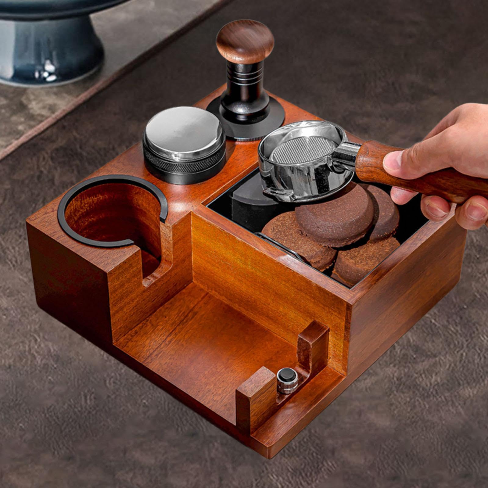 Espresso Boîte à Station Tamper Distributeur Accessoires Organisateur en Bois PP Fer Silicone Antidérapant Réglable Adapté à