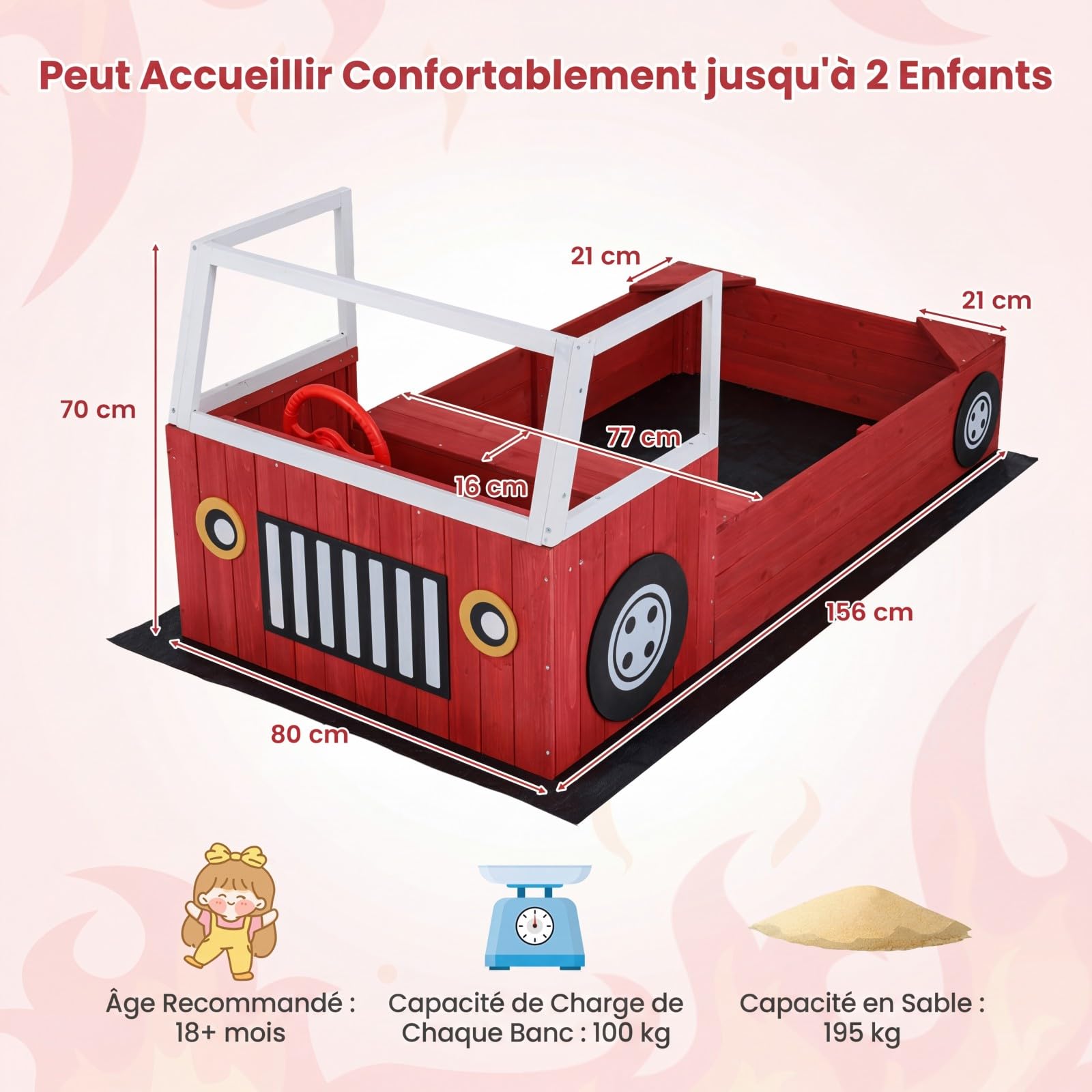 COSTWAY Bac à Sable Enfant Extérieur en Forme Camion Pompiers avec Bancs, Bac à Sable en Sapin avec Volant Rotatif et Doublure, Charge 100kg pour 18 Mois+, Jeux Extérieur Sensoriel pour Jardin Plage
