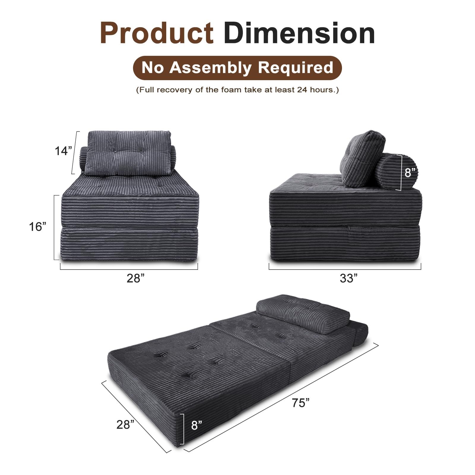 Nigoone Folding Sofa Bed Futon, Supportive Sleeper Chair with Pillow, Comfy Corduroy Floor Couch, Versatile Convertible Mattress for Bedroom/Living Room/Guest/Office, Dark Grey