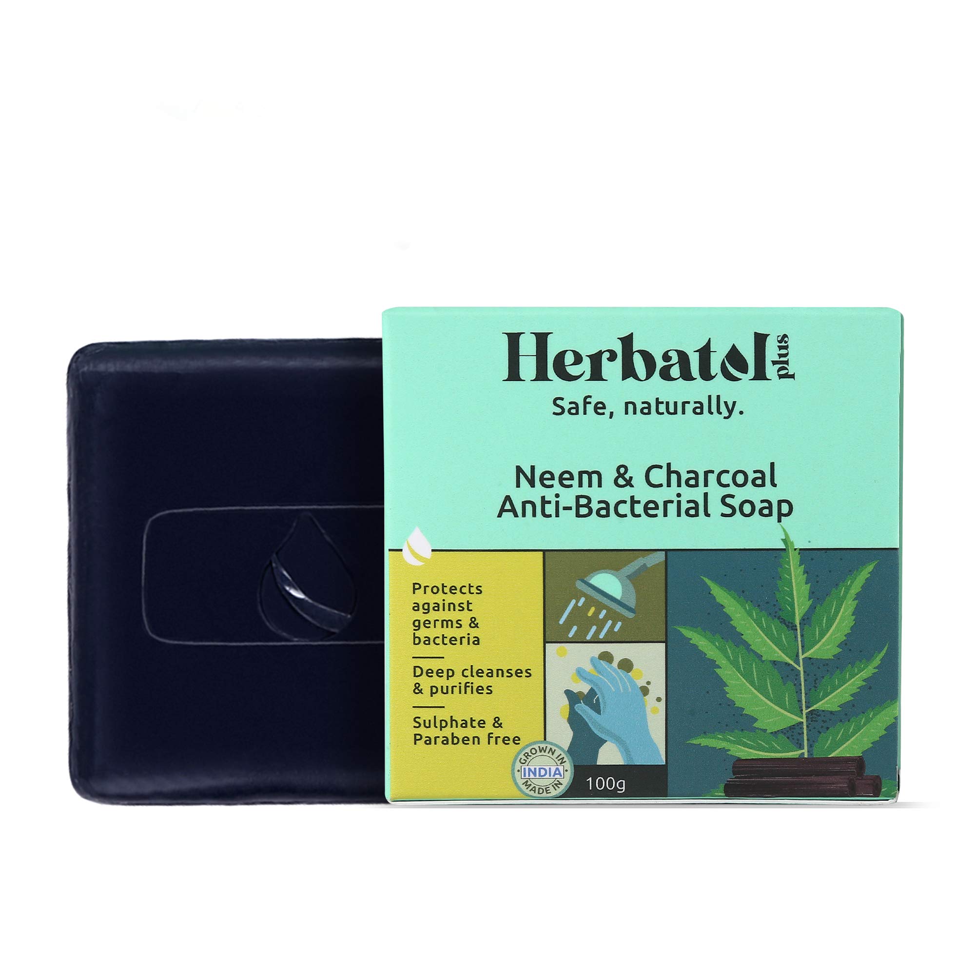 Herbatol Plus Anti-Bacterial Soap (100gm) for 99.99% Germ Protection with Neem & Charcoal | Made in India