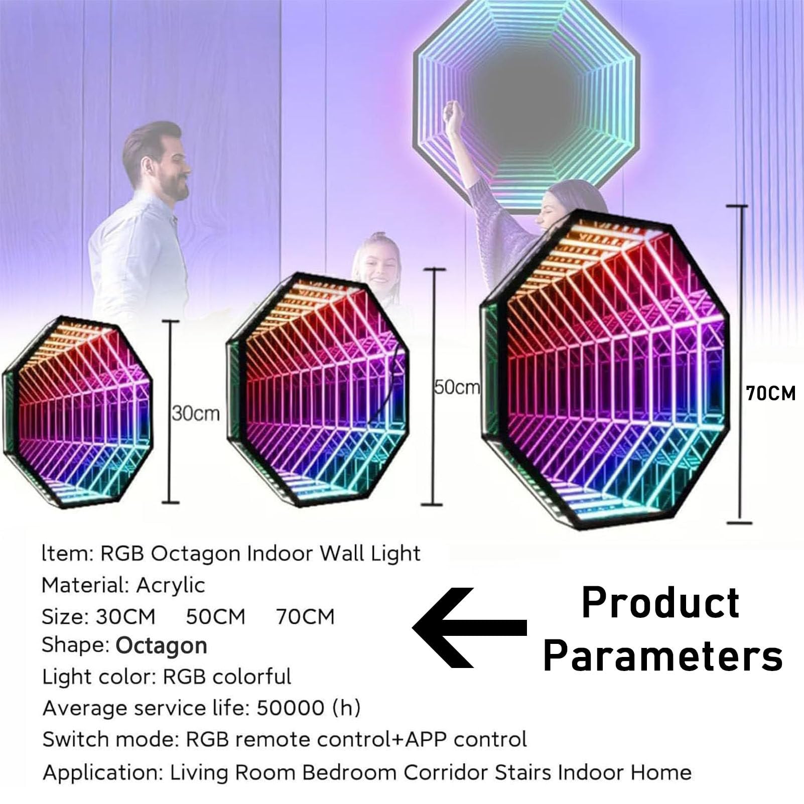 3D Infinity Mirror Lights, zmieniająca kolor lampa lustrzana LED Infinity Ośmiokątna wielokolorowa Infinity Mirror Tunnel Light z pilotem APP do domu (70cm)