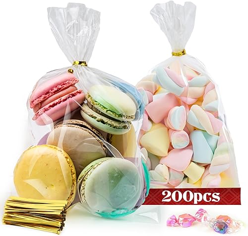 JOHOUSE 200 bolsas de celofán a granel, bolsas de regalo transparentes de 6 x 9 pulgadas, bolsas de regalo con lazos, bolsas de galletas para