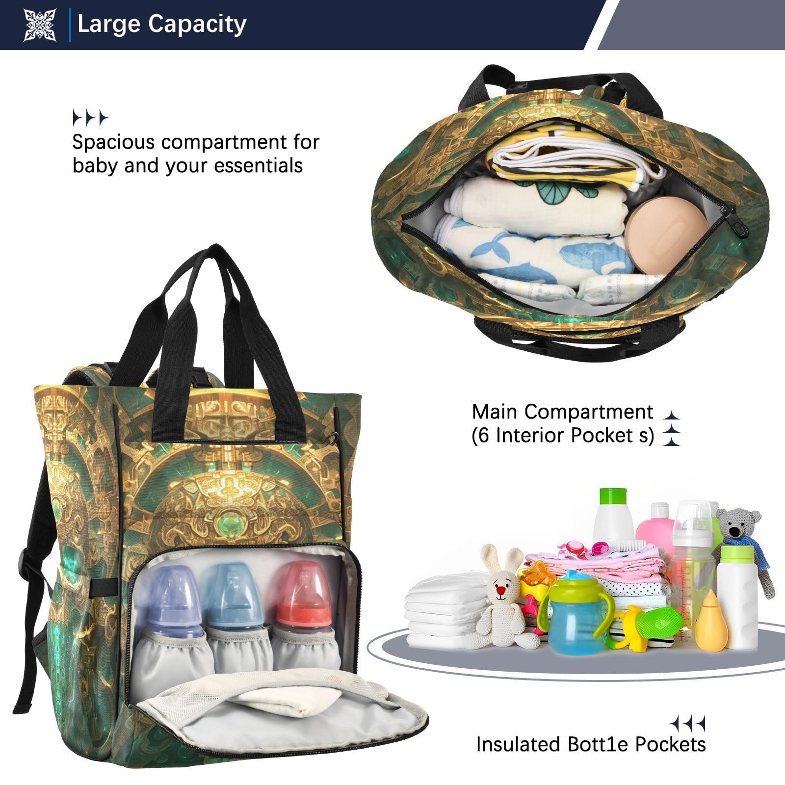 CráNeo De Oro Abstracto Bolsa de Pañales Mochila de Viaje Gran Capacidad Bolsas para Mamá Papá Mujeres Niñas