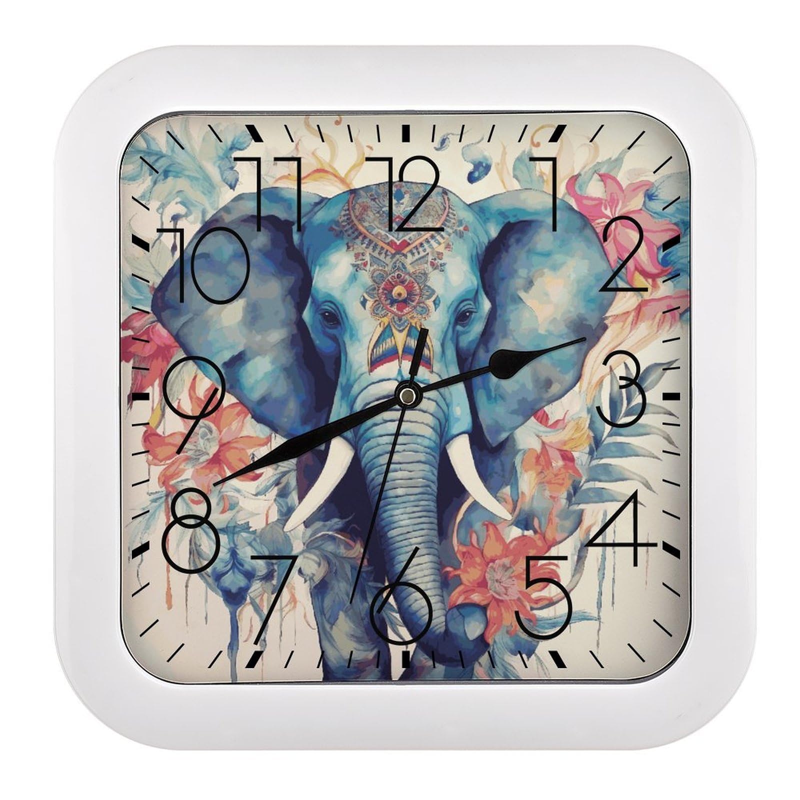 LDGSUPH Peacock Feathers Elephant Wall Clock Silent Non-Ticking Modern Clock Personalized Vintage Square Clocks for Travel Office Kitchen Home Decorative Clocks 10.2 Inch