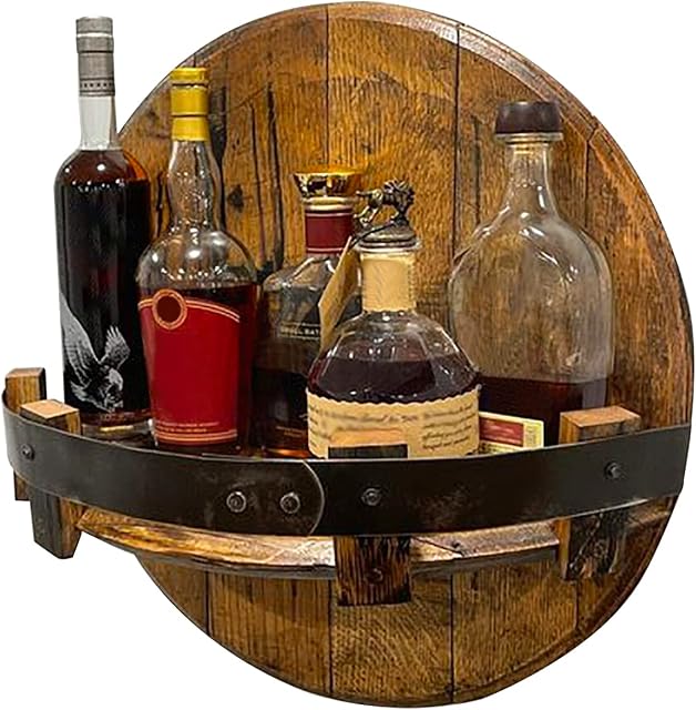 Wooden Wall Mount Wine Bottle Holder Whiskey Bottle Rack Vintage Bourbon Floating Wall Shelves Wooden Stand Wall Mounted 7 Wine Bottle Round Shelf Wall Display Decoration for Home Bar Kitchen Cabinet