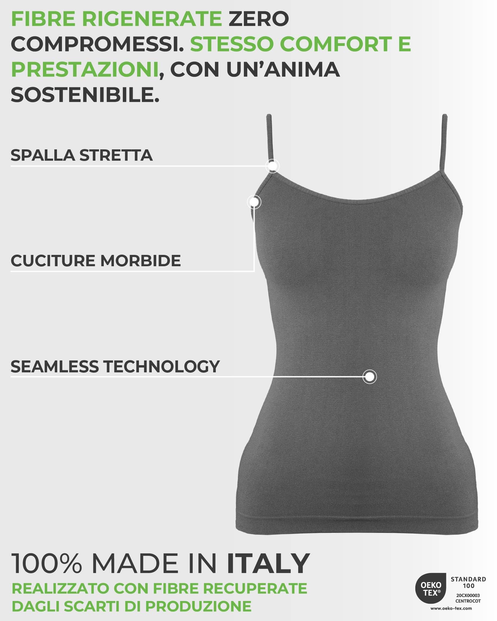 Risalti Canotta Donna Spalla Stretta Eco Friendly 3pz – Canottiera Donna Seamless, Canotta Spalline Sottili in Microfibra Yees Green, Tank Top Sostenibile e Confortevole – Made in Italy