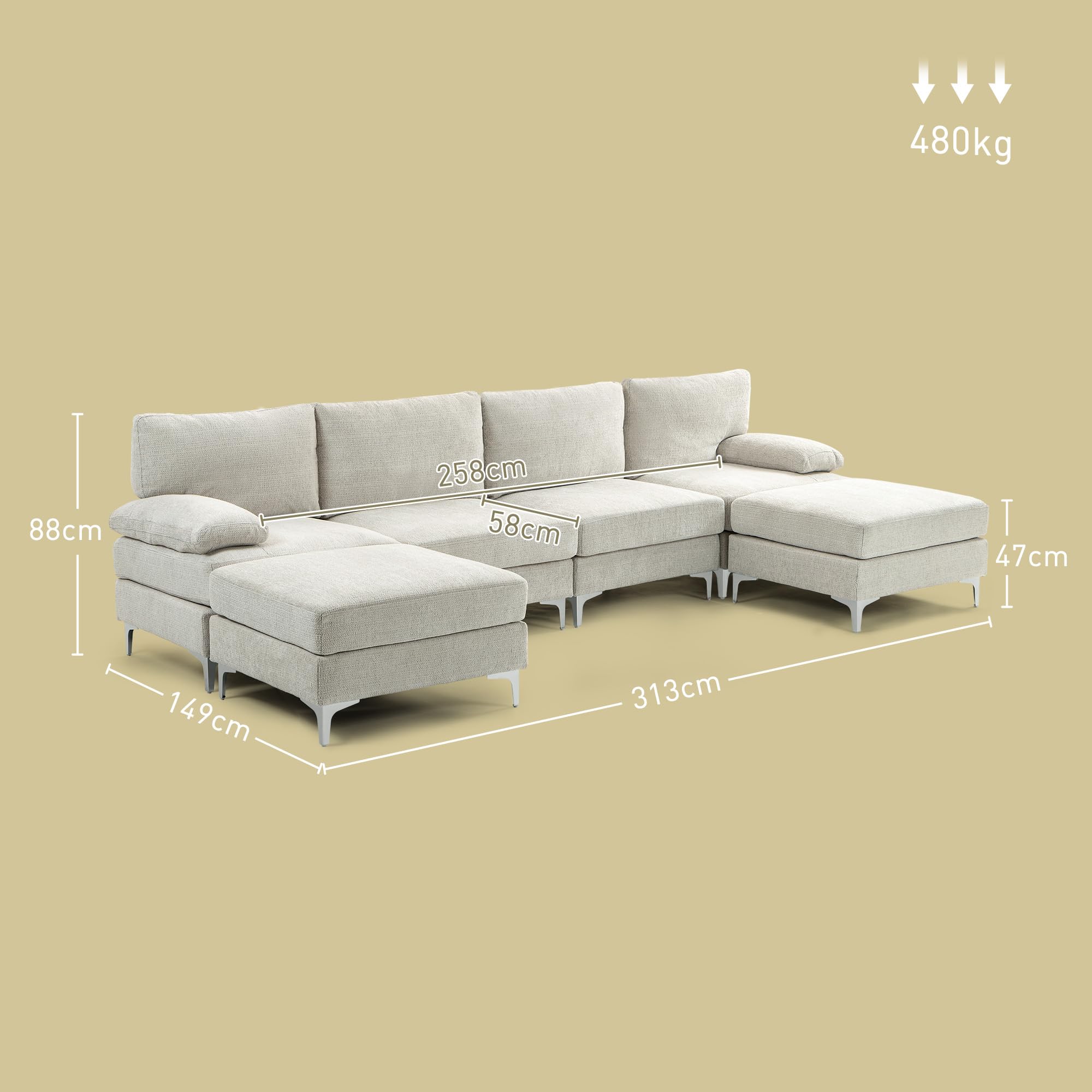 HOMCOM Divano Componibile 4 Posti con Penisola in Ciniglia Crema | 2 Poggiapiedi, Cuscini per Braccioli e Schiena, 313x149x88cm