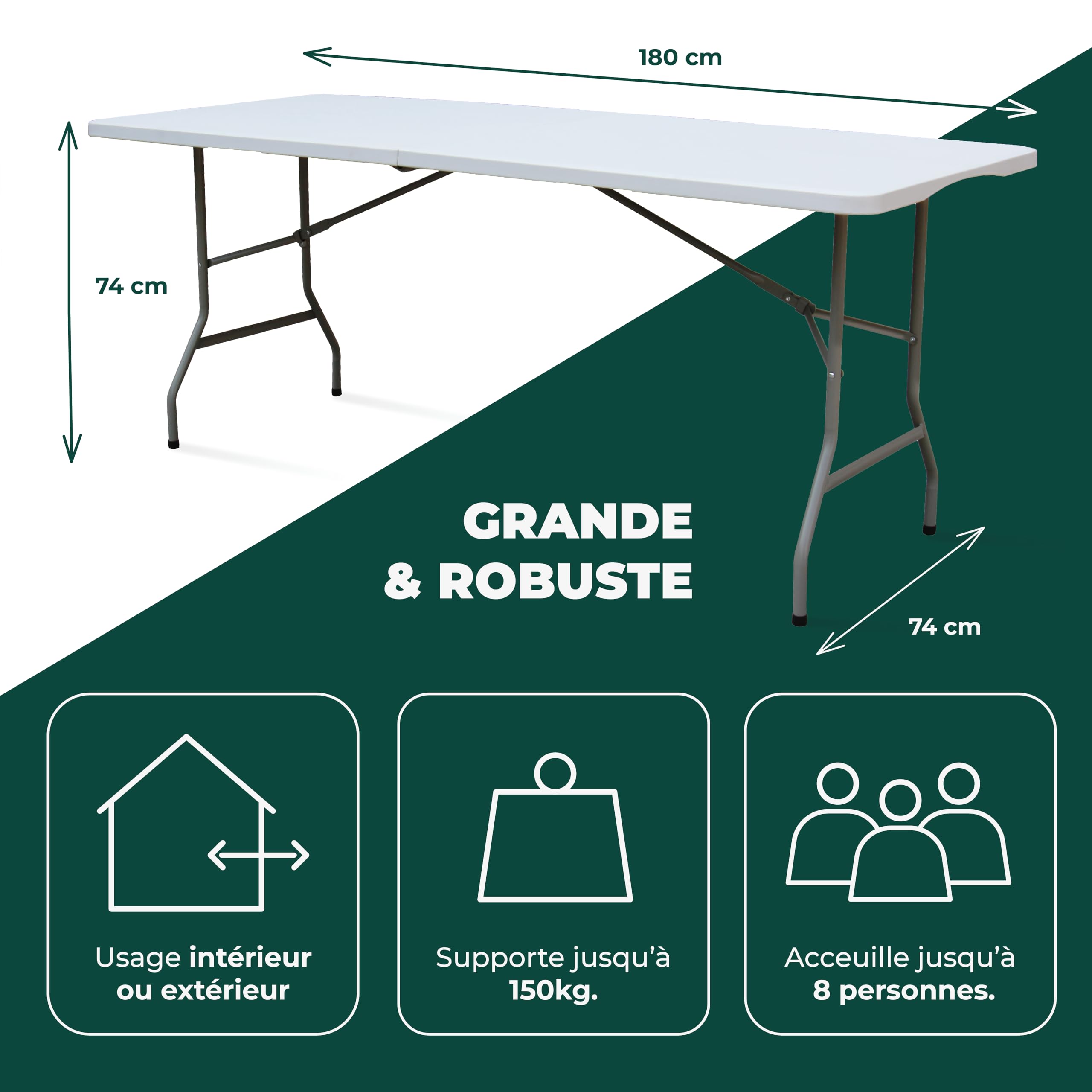 KAMBERG® - Table Pliante 180 x 74 x 74 cm - Rectangulaire Blanche 6/8 Personnes - Table de Jardin - Table de Camping