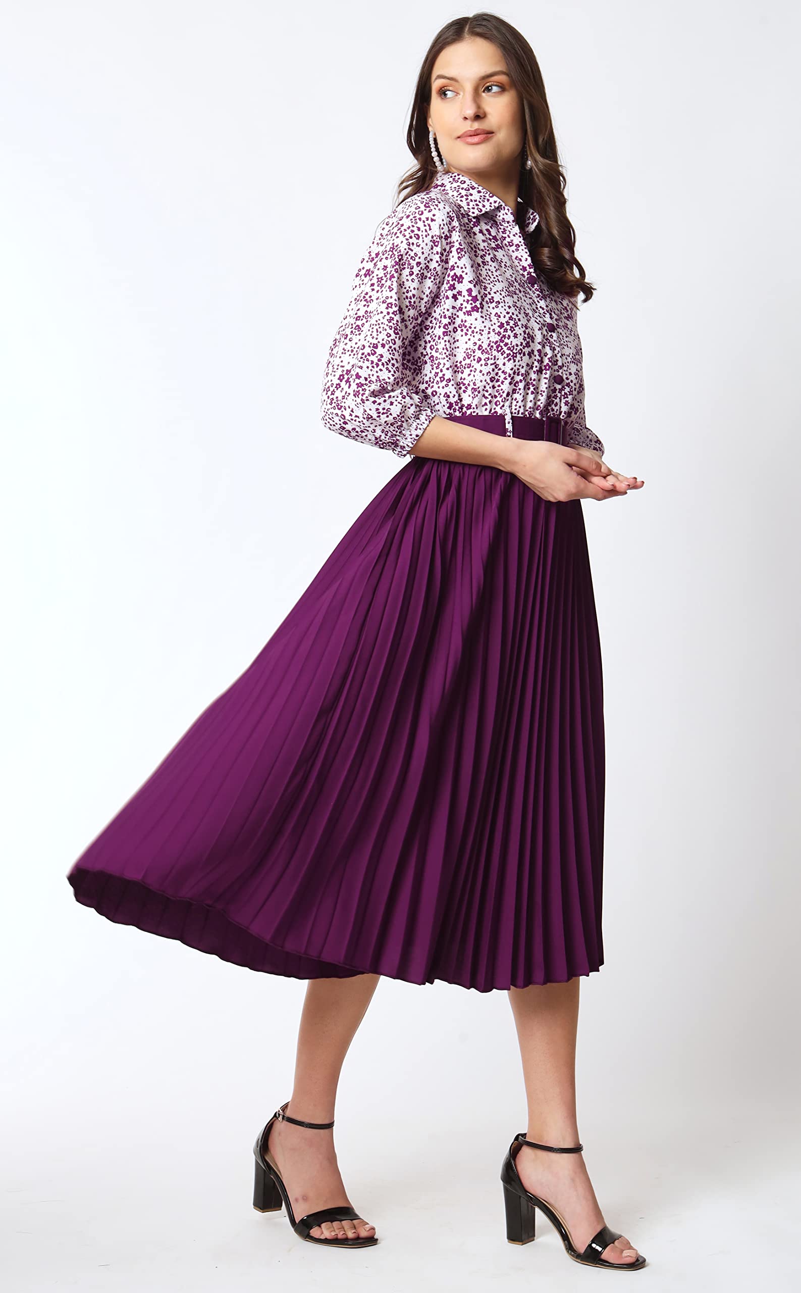 Kzully Women's Print 3/4 Sleeve Pleated Midi Dress With Belt Purple