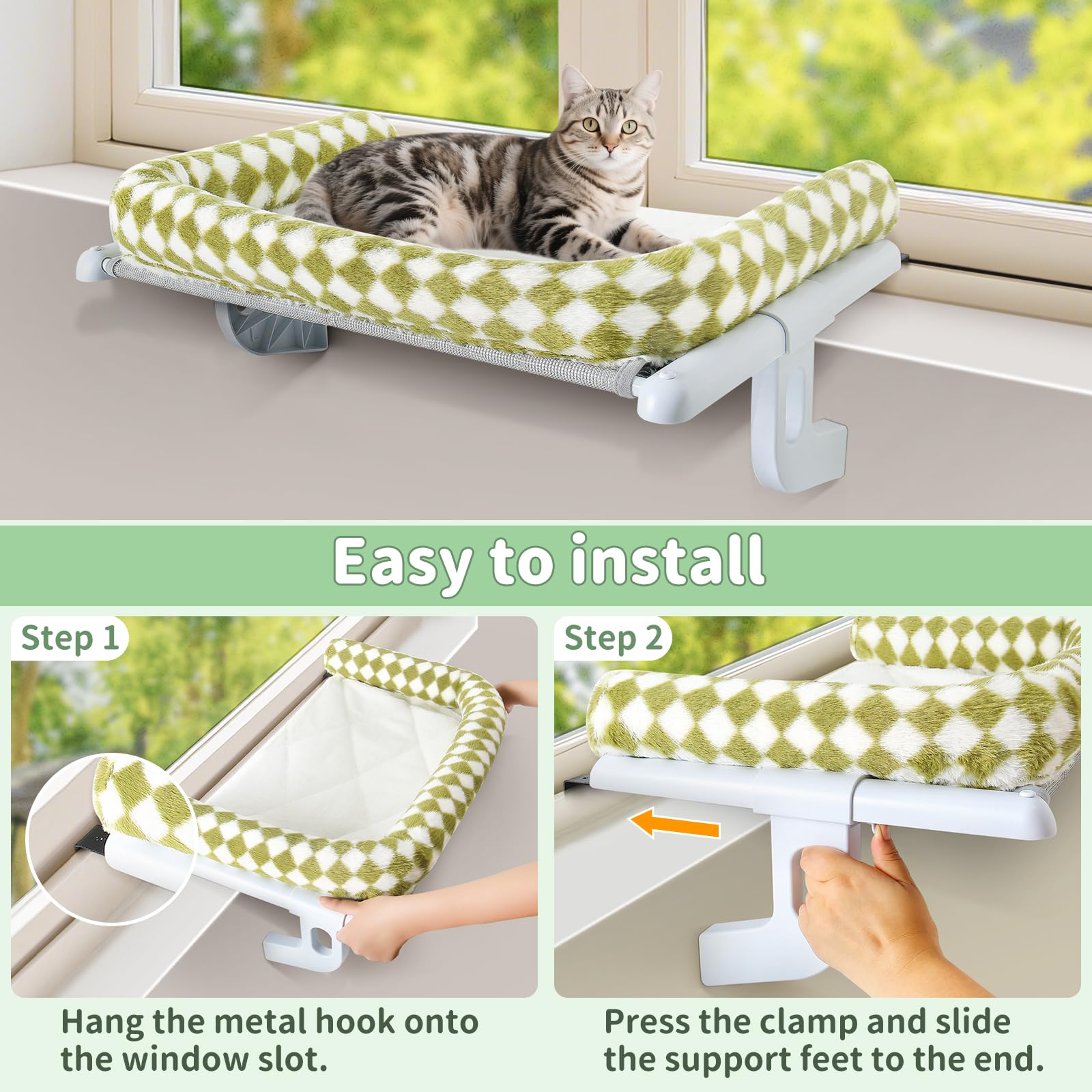 GUUSII HOME Cat Hammock Window Perch Seat Kitten Hanging Bed Windowsill for Indoor Large Pet Shelf Sturdy Kitty Lounger Washable Cushion Easy to Assemble No Drilling Hold 18kg 63 * 38cm(Green - Image 3