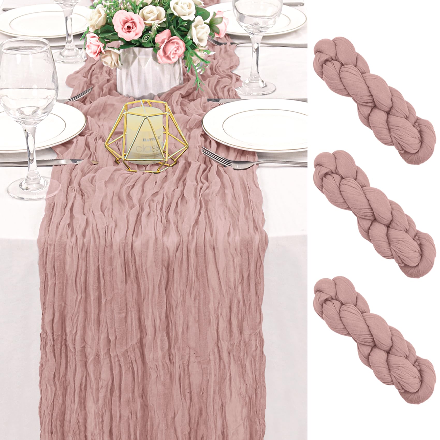 3 Pack 120 Inch Dusty Pink Cheesecloth Table Runner Boho Rustic Gauze Sheer Romantic 10 FT Long Cheese Cloth Table Runner for Bridal Baby Shower