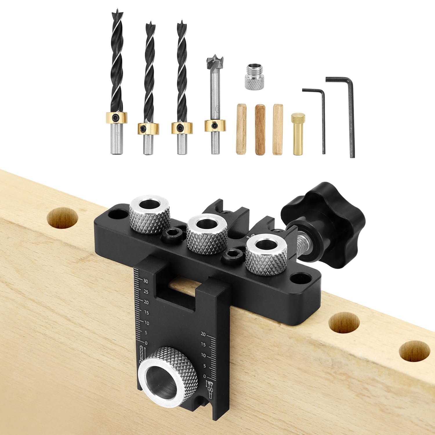 QWORK® Kit di Dima per Spinatura Legno 3 in 1 - Guida per Trapano con Punte 8mm, 10mm, 15mm - Include Boccole di Perforazione e Blocco di Posizionamento