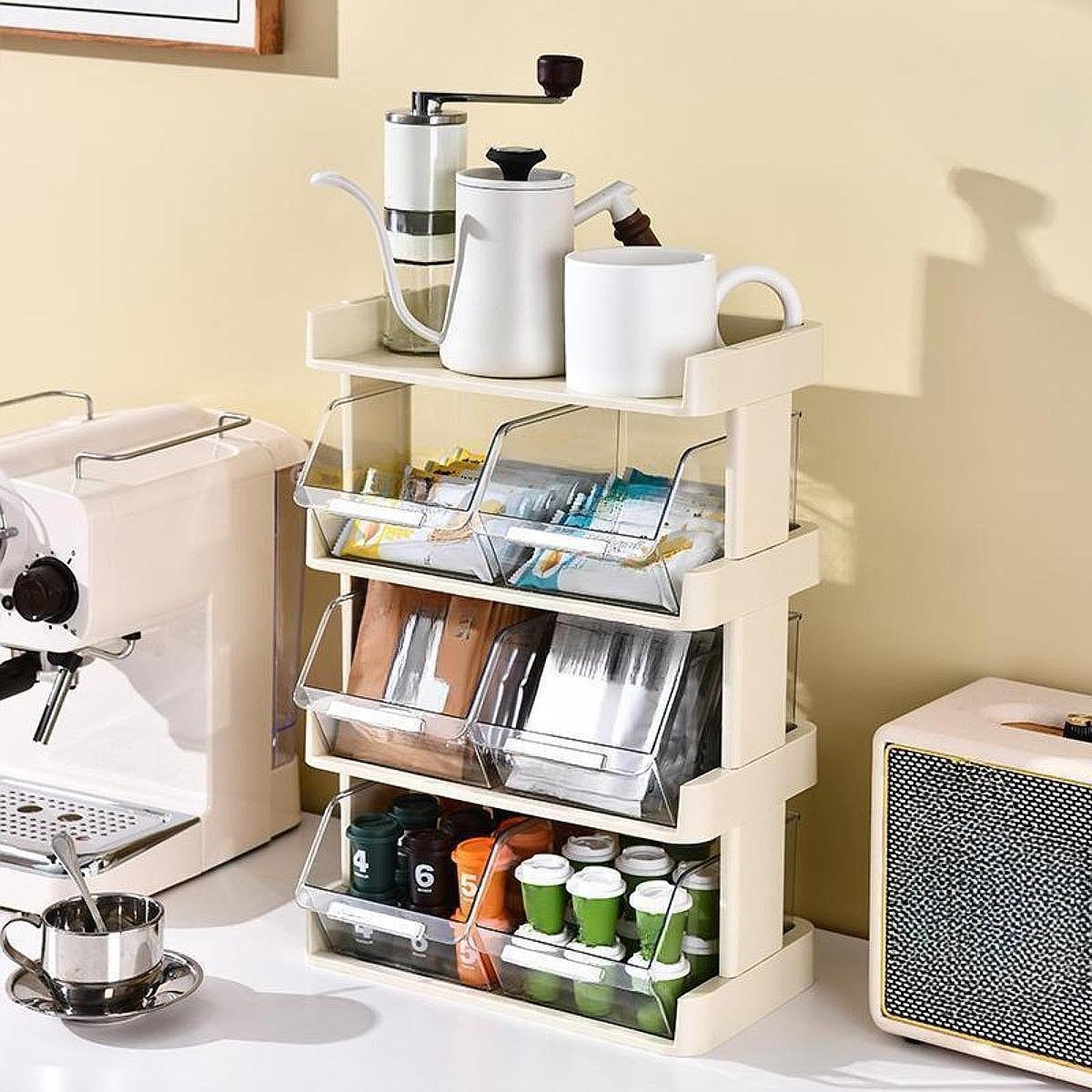 Boîte de rangement pour thé avec séparateurs, organisateur de sachets thé pour bureau, armoire chambre, 4 niveaux