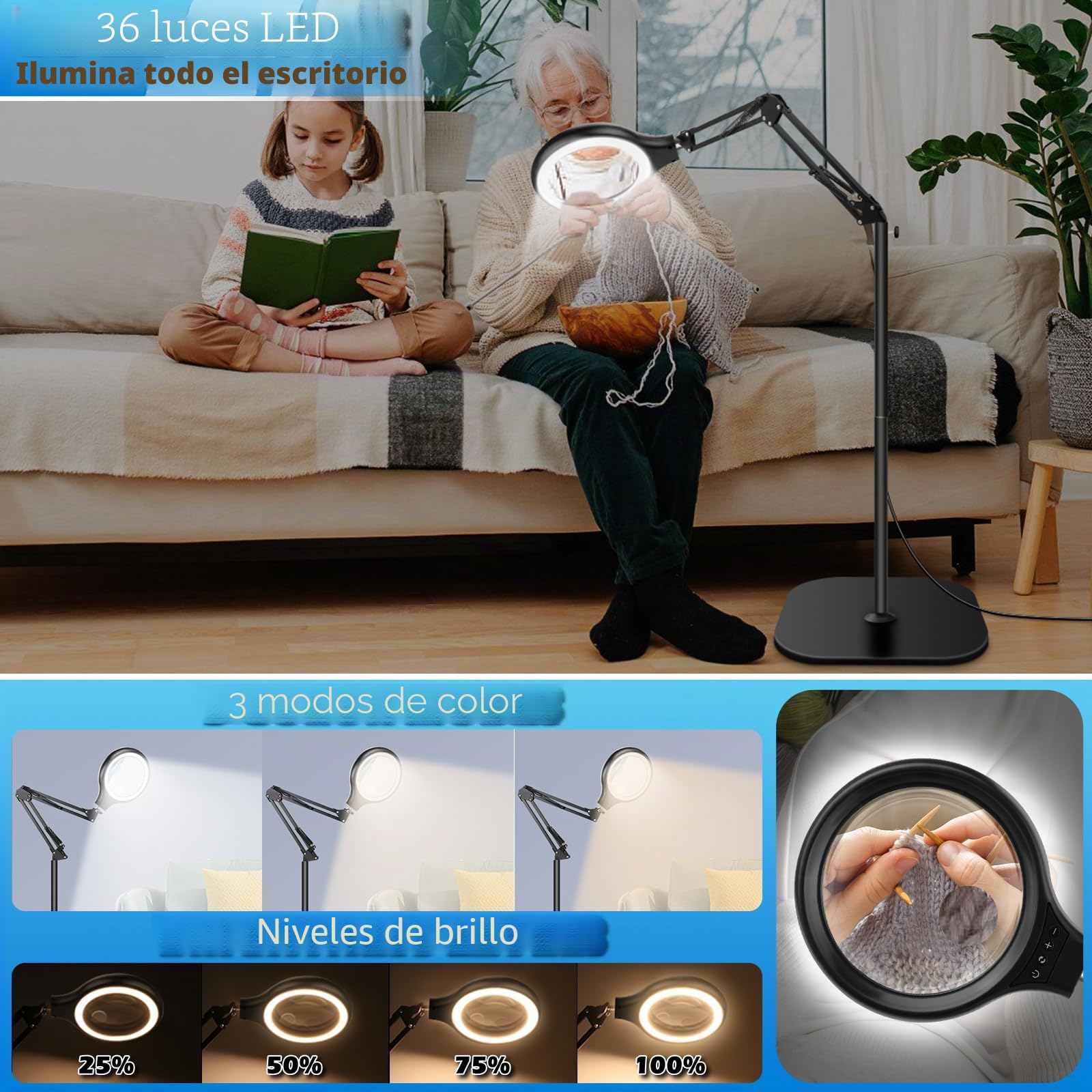 NZQXJXZ 30X 10X Lupa con Luz y Soporte, 2 en 1 Lámpara de Aumento de Piso | con 36 LED de Brillo Ajustable, 3 Modos de Color, Lupa Iluminada para Trabajos de Cerca, Costura, Manualidades, Pasatiempos