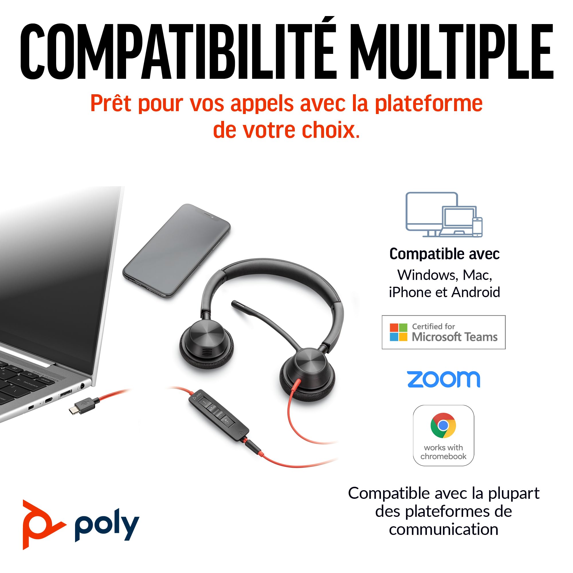 Micro-casque filaire Poly Blackwire 3325 – Perche de microphone flexible – Son stéréo hi-fi - PC/Mac/téléphone portable - Certifié pour Microsoft Teams