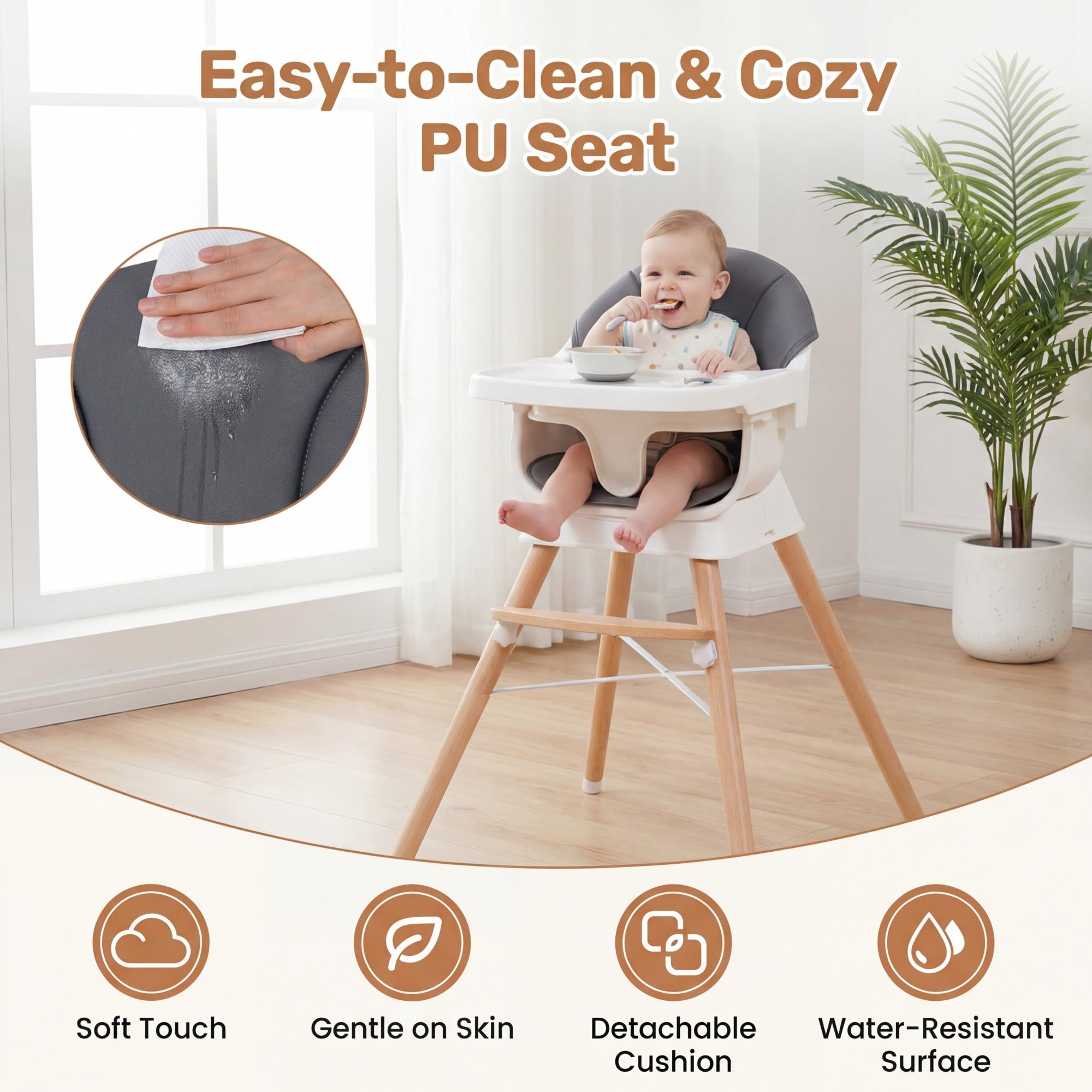 LIFEZEAL Trona para Bebés y Niños Pequeños, Trona Infantil Multifuncional de Madera Maciza, con Reposapiés y Bandeja Ajustables, Equipada con Cinturón de Seguridad, Apta para Bebés de 6 a 36 Meses