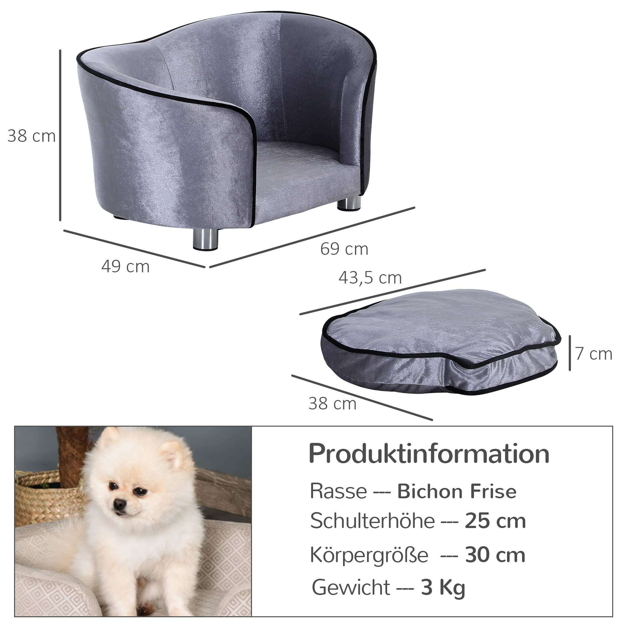 PawHut D04-016, divanetto di lusso per cani e gatti, con cuscino, per riposare, colore grigio.