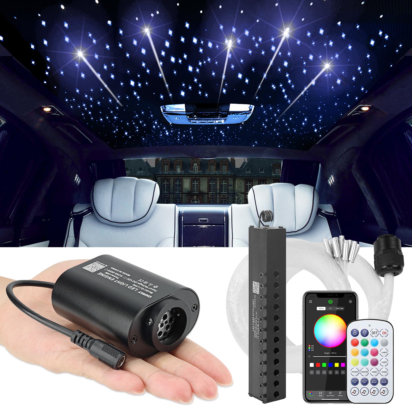 Chinly Black Twinkle+Meteor Starlight Headliner Kit 548Pcs 9.8Ft 0.03In Starlights Rgbw Fiber Optic Lights, App+Remote Control Star Headliner Kit, Car Star Lights For Car Roof
