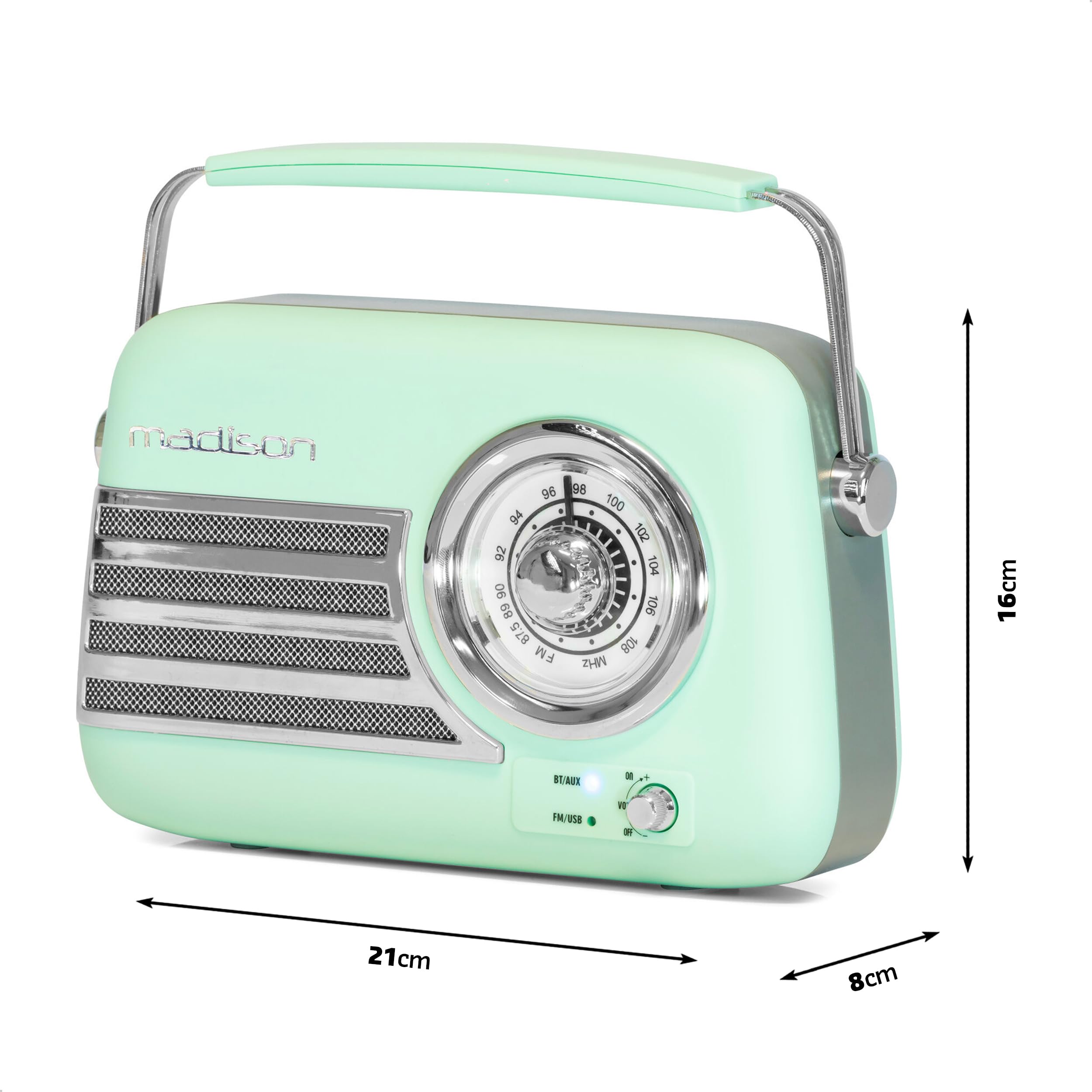 Madison - FREESOUND-VR40GR-MAT - Radio Vintage 30W sur Batterie Longue autonomie - Bluetooth, USB & FM - Vert pâle Mat - Vintage, Nostalgie, rétro