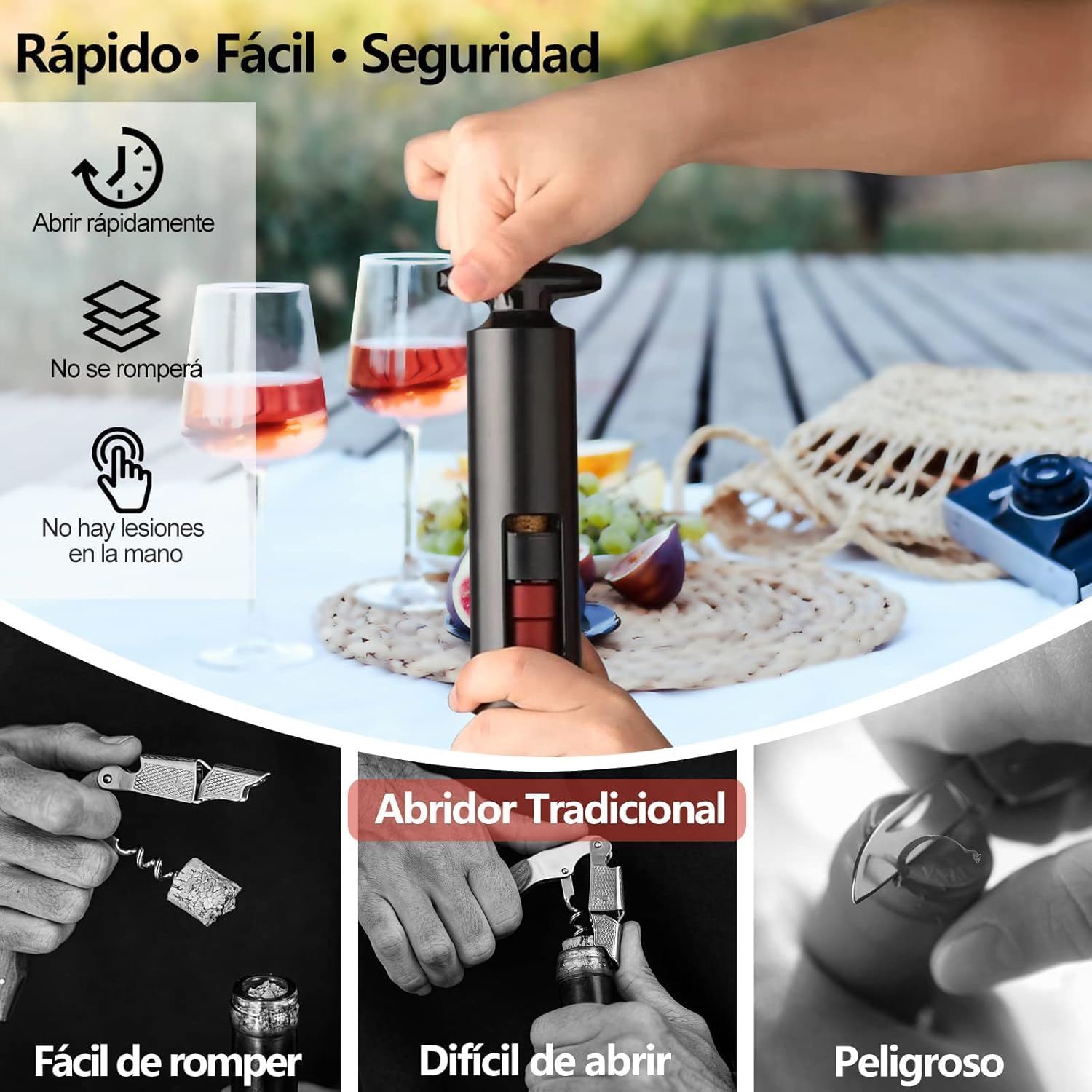 Abridor de vino sacacorchos profesional 4 en 1 con cortador de papel, vertedor, tapón de vacío, abrelatas